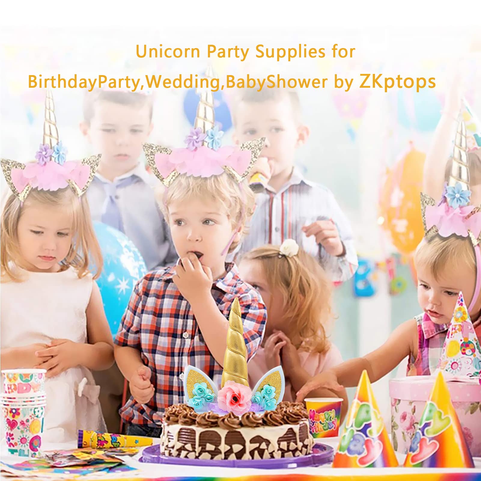 Zkptops Unicorn Cake Topper Birthday Party Supplies Unicorn Birthday Decorations Gold Horn Cake Topper Accessory with Eyelashes Cute Handmade Reusable Cake Toppers for Girls Kids Women 5.8 Inch