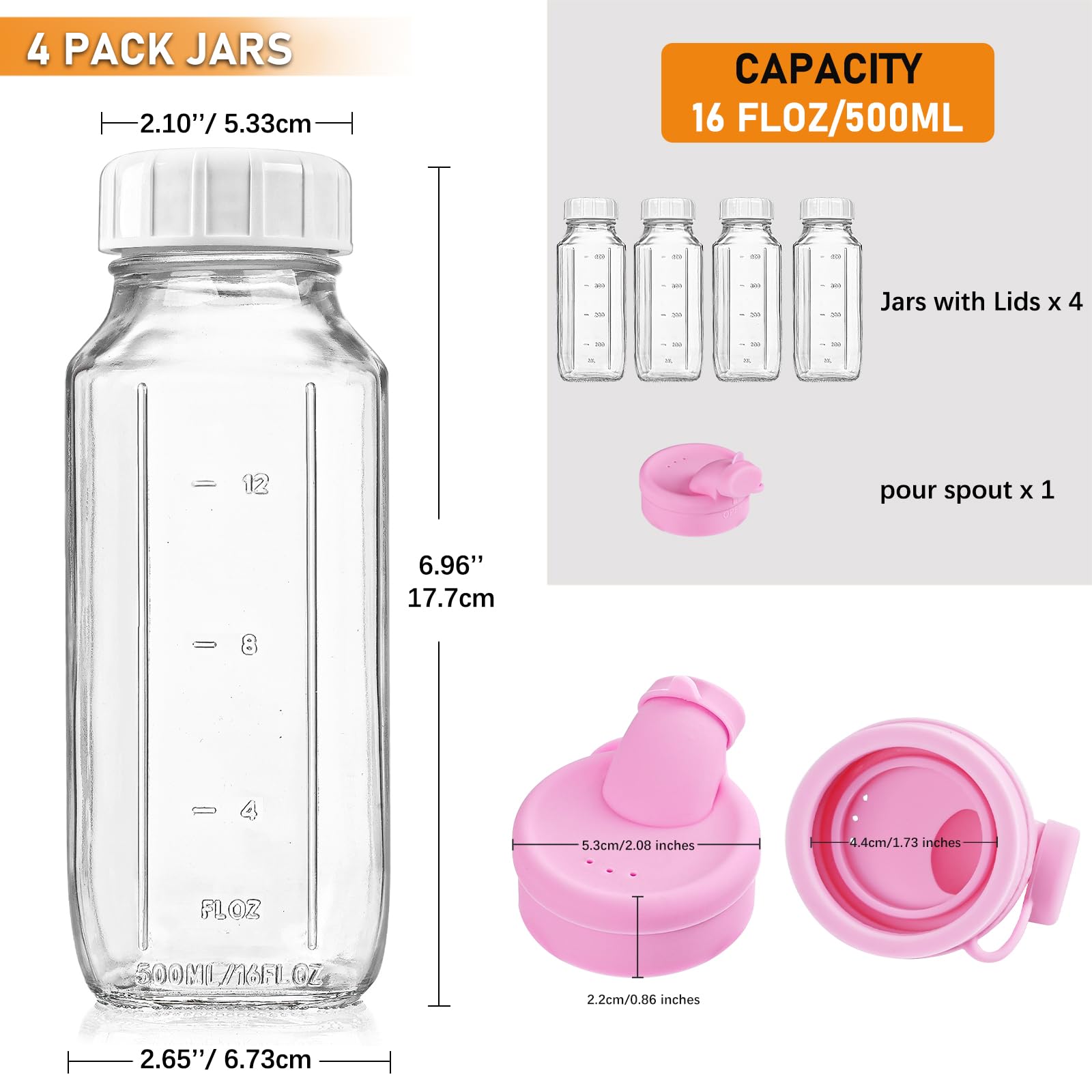 4 Pack 16 Oz Square Glass Milk Bottle with A Silicone Dispenser Cap, Glass Juice Bottles with Airtight Screw Lid, Reusable Drinking Bottles with Capacity Marks, Breastmilk Storage Container