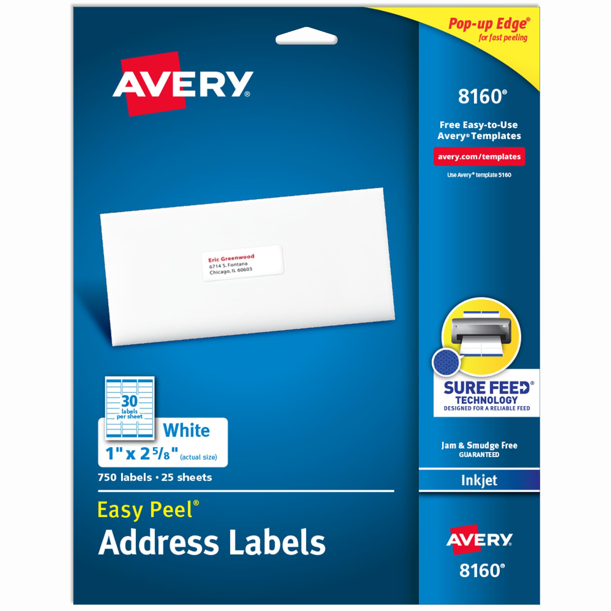 Avery Easy Peel bedruckbare Adressetiketten mit Sure Feed, 25,4 x 66,7 mm anpassbare Aufkleber, Weiß, 750 leere Versandetiketten, ideal für Postsendungen, Versand und mehr (8160)