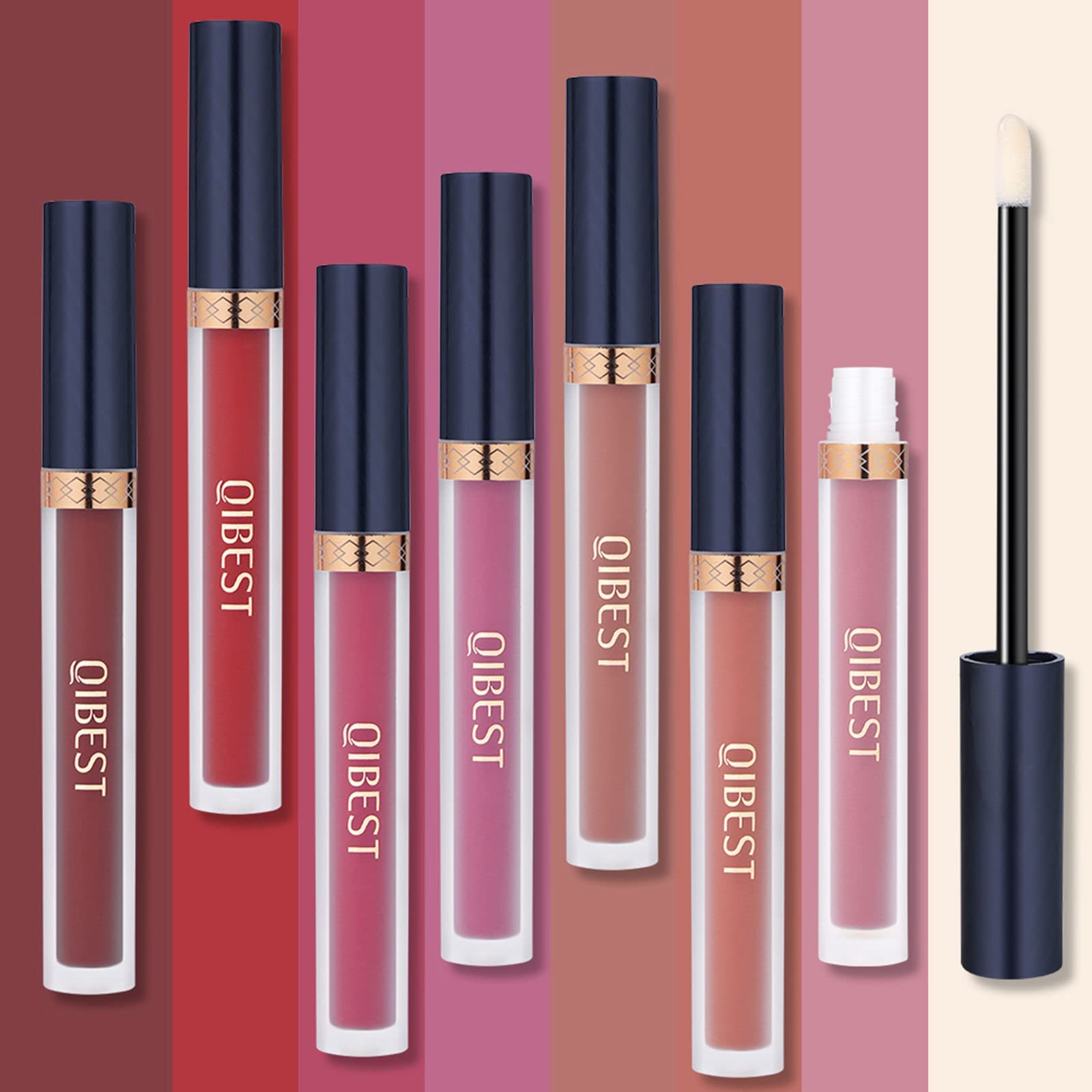 QiBest 7Pcs Matte Liquid Lipstick + 1Pcs Lip Plumper Makeup Set Kit, Pigmented Long Lasting Lip Gloss Set, Velvet Waterproof Halloween Lip Makeup Valentine's Gift Sets for Girls and Women