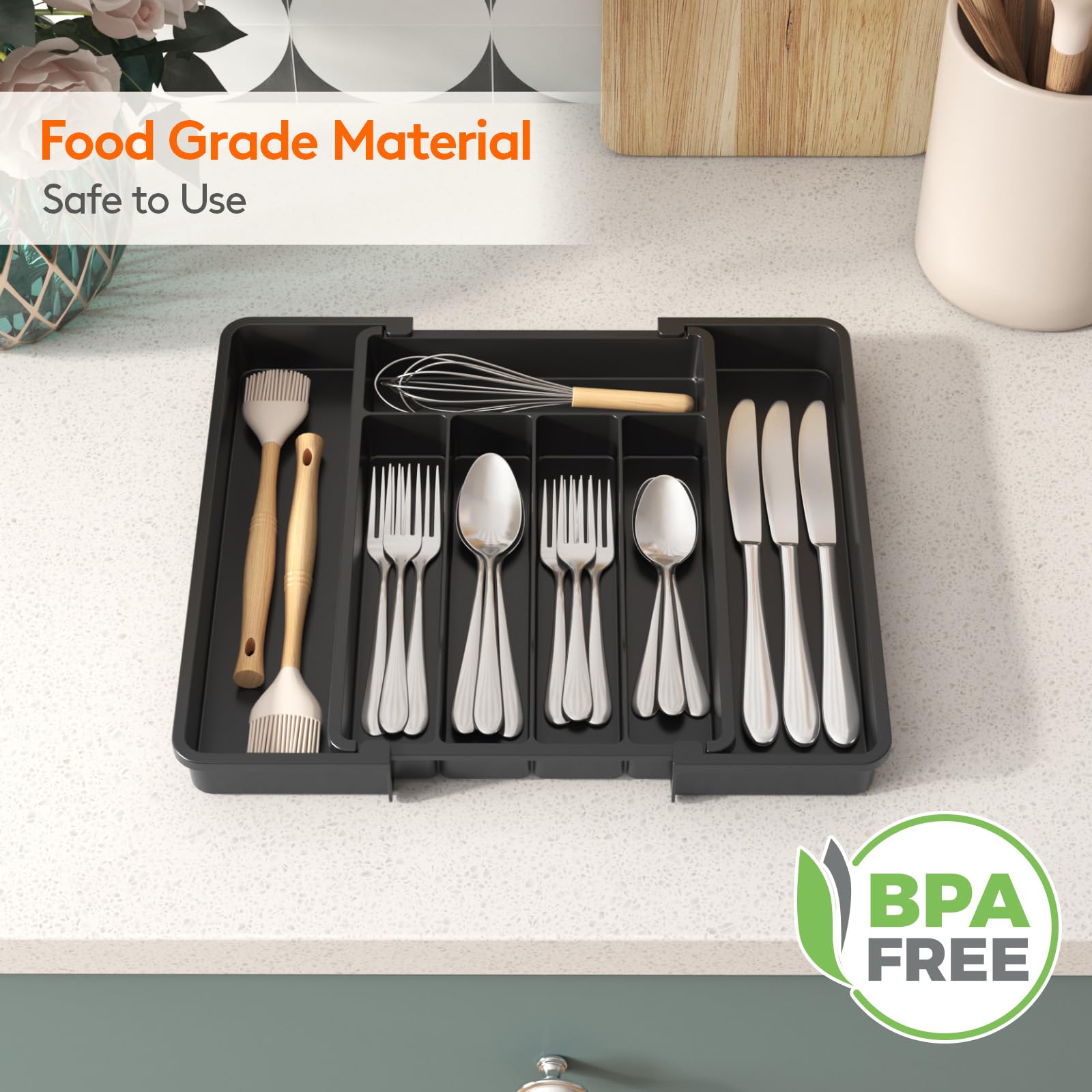 Lifewit Medium Silverware Drawer Organizer, Expandable Utensil Tray for Kitchen, BPA Free Flatware and Cutlery Holder, Adjustable Plastic Storage for Spoons Forks Knives, Black