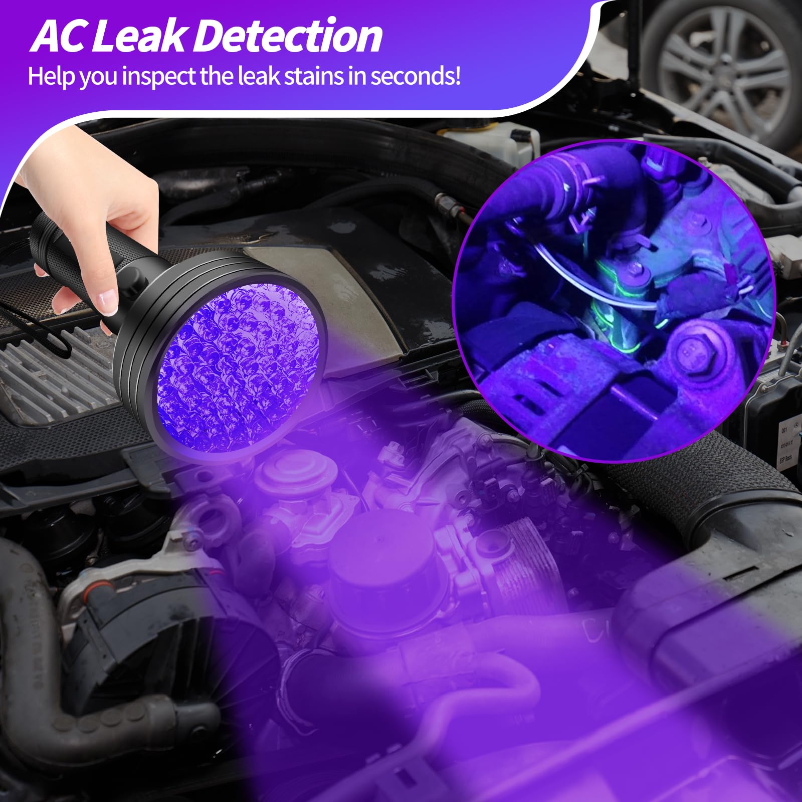 REALHUNLEE Air Conditioner UV Dye Leak Detector, Pro Auto Oil AC UV Dye Leak Test Detection Tool Kit 68 LED A/C UV Flashlight Detector with Protective Glasses