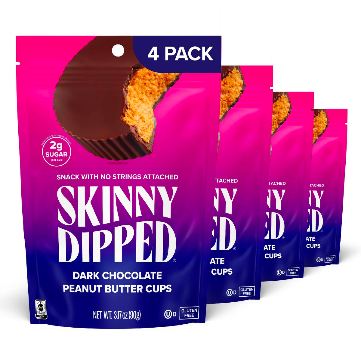 SkinnyDipped Dark Chocolate Peanut Butter Cups, 2g Sugar per Cup, Keto Friendly, Low Carb, Gluten Free, 3.2oz, 4 Pack (24 Cups Total)