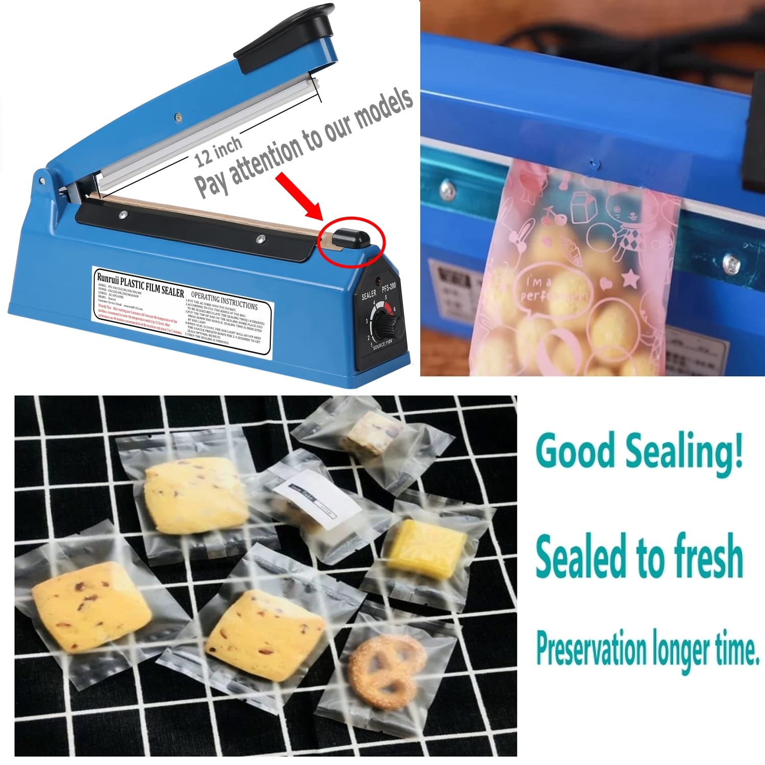 Impulse Heat Sealer Manual Bags Sealer Heat Sealing Machine 12 Inch Impulse Sealer Machine for Plastic Bags PE PP Bags with Extra Replace Element Grip