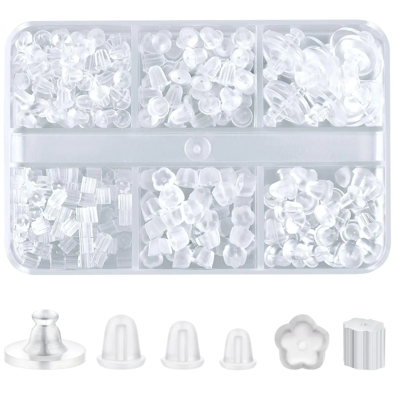6 Styles Silicone Earring Backs, 600 Clear Soft Hypoallergenic Plastic Rubber Earring Backs Clutch Stoppers Kits for Fish Hook Hoops
