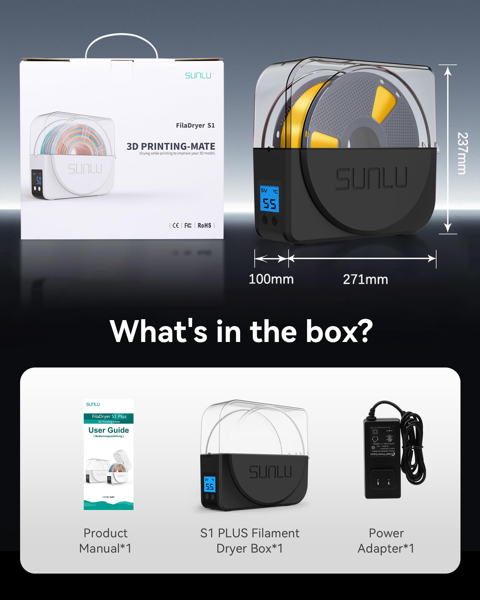 SUNLU Filament Dryer Box for 3D Printer Filament, S1 Plus Filament Dehydrator with Fan Design, Filament Storage can Keep 1.75 2.85 3.00mm PLA PETG ABS Filament Dry During 3D Printing (Black)