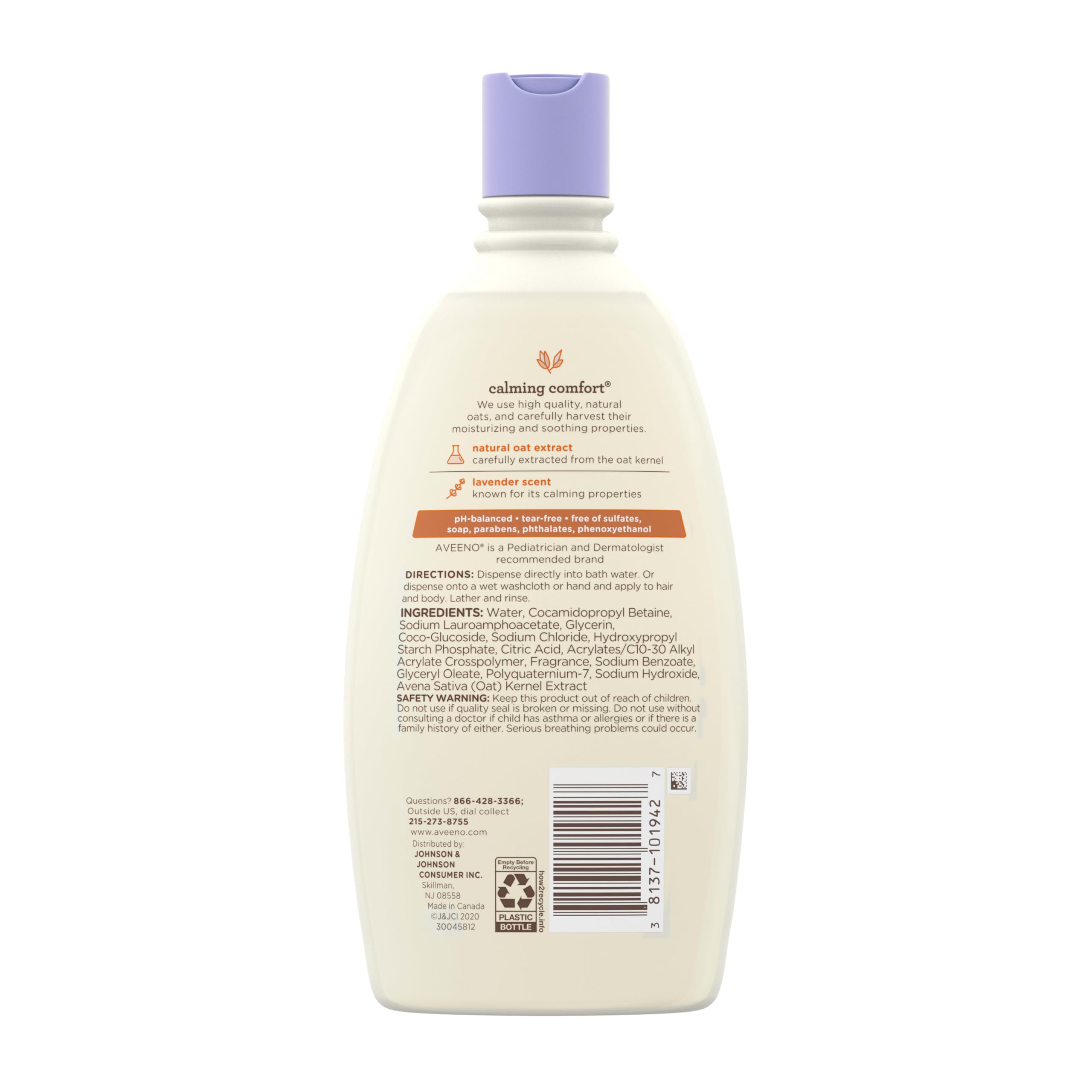 Aveeno Baby Nighttime Calming Comfort Bath, Body & Hair Wash with Relaxing Lavender & Vanilla Scents & Natural Oat Extract, Tear-Free Formula, Paraben-, Phthalate- & Soap-Free, 18 Fl. Oz