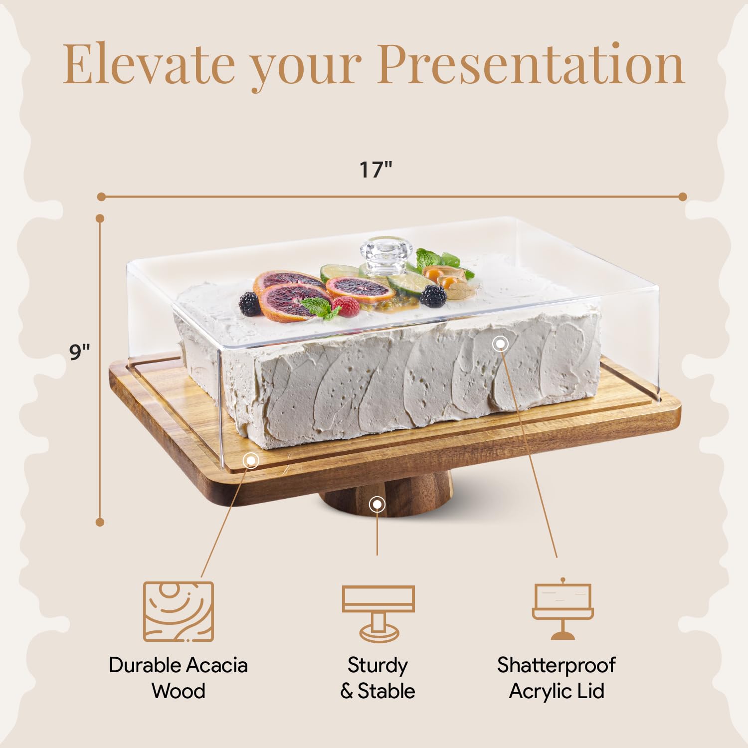 HOMESPHERE Acacia Wood Cake Stand with Lid - Rectangular Cake Holder, 2-in-1 Dessert Table Display Set & Charcuterie Board for Cheese, Chips, Fruit Platter, Large Acrylic Cake Dome Cover, No Glass