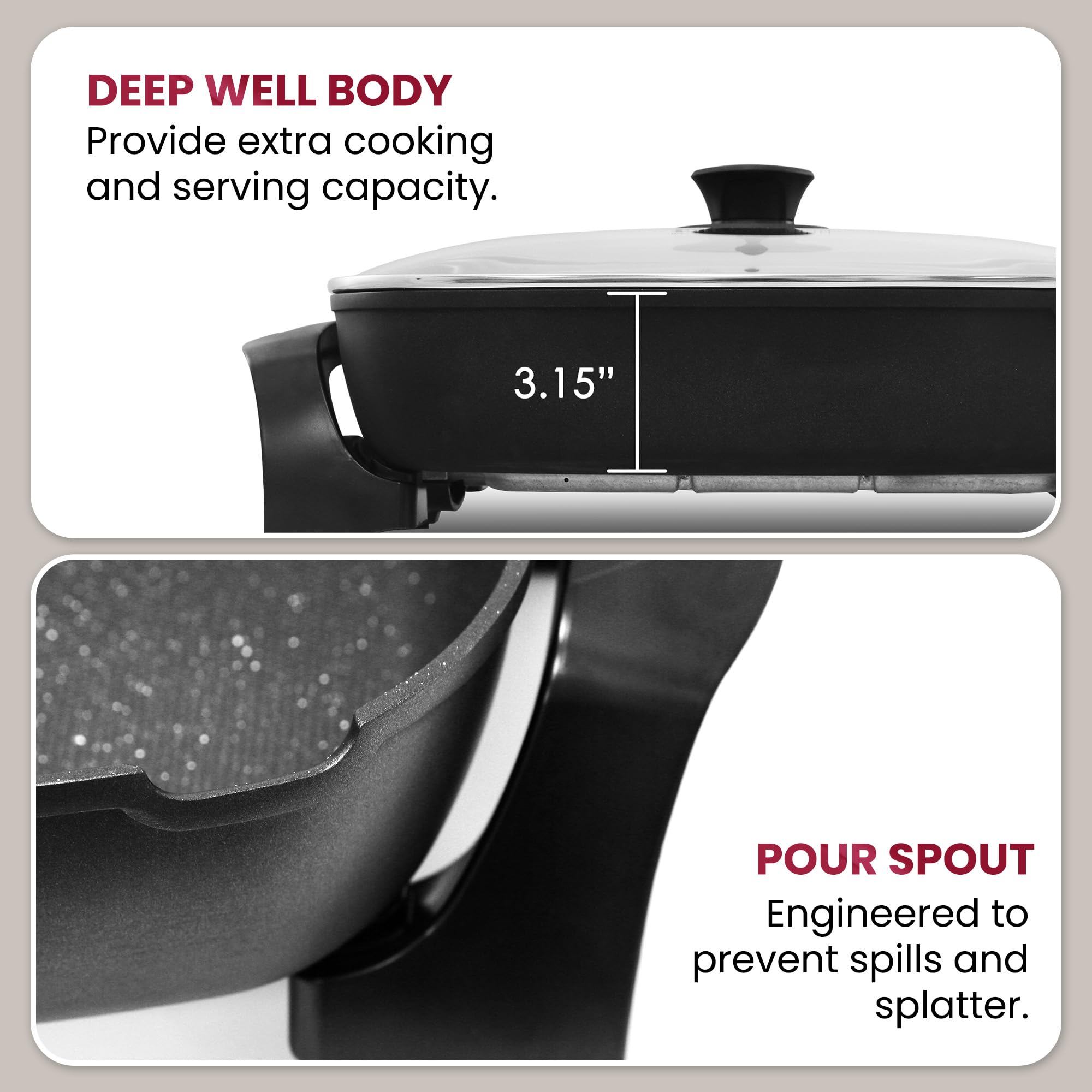 Elite Gourmet EG-6203# Extra Deep 16"x13"x3.2" (10.5Qt.) Scratch Resistant, Easy Pour Spout Dishwasher Safe, Non-stick Electric Skillet with Glass Vented Lid, Adjustable Temperature, Black