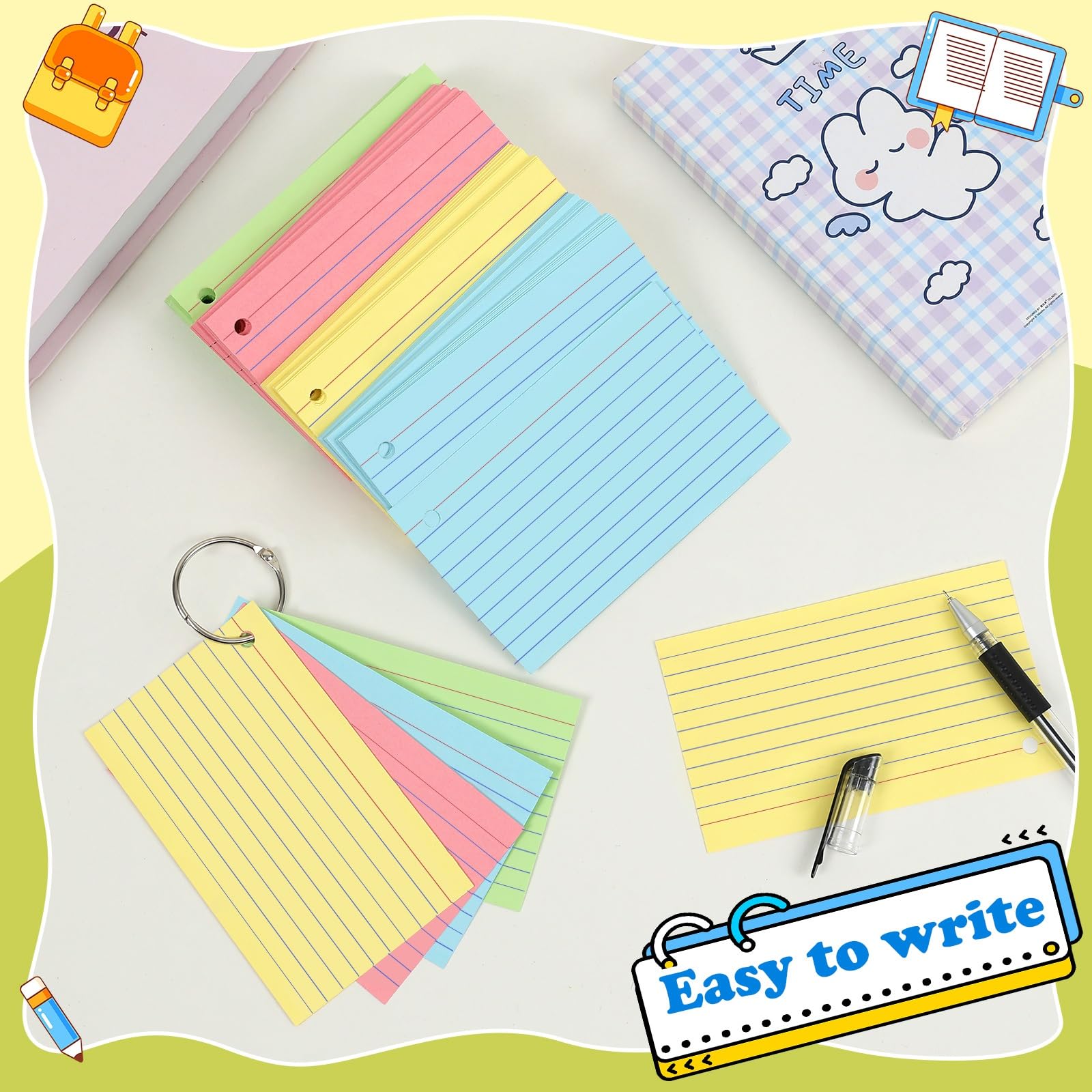 YAGUAO Colored Index Cards 3x5 Inch Flash Cards with Ring Lined Flashcards Note Cards for Studying School Supplies College, 200 Count