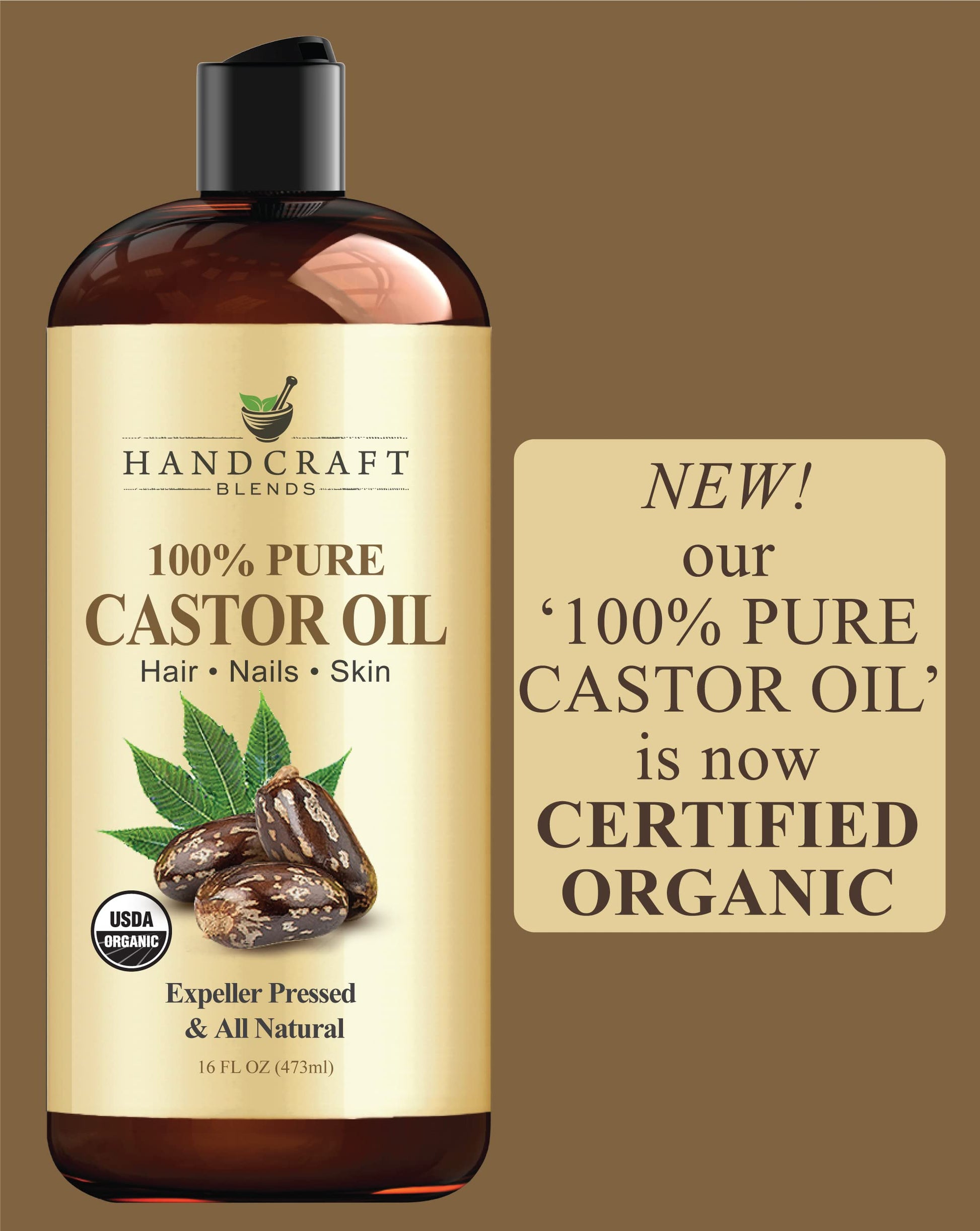 Handcraft Blends Organic Castor Oil - 16 Fl Oz - 100% Pure and Natural - Premium Grade Carrier Oil for Hair Growth, Eyelashes and Eyebrows - Hair and Body - Expeller-Pressed & Hexane-Free