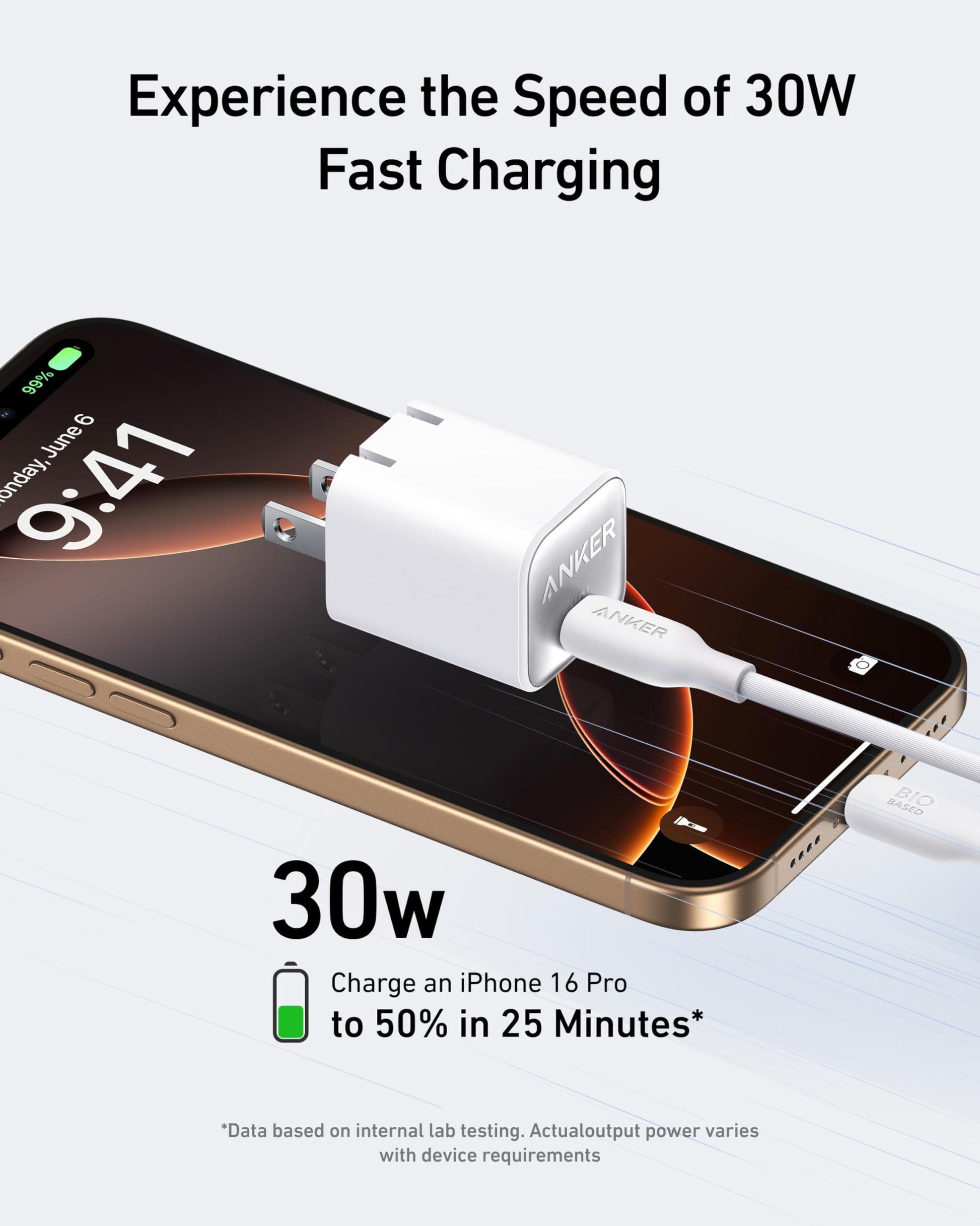 Anker Nano USB C Charger Block, 30W PIQ 3.0 Foldable iPhone Charger Fast Charging for iPhone 16/15 Series, Galaxy, iPad, Compatible with MagSafe