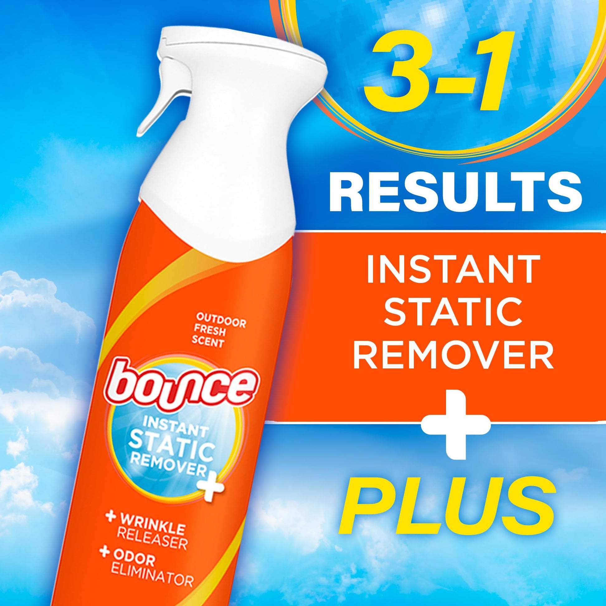 Bounce Anti Static Spray, 3 in 1 Instant Anti Static Spray & Instant Wrinkle Release, Odor Eliminator and Fabric Refresher Spray (9.7 Fl Oz, Pack of 1)