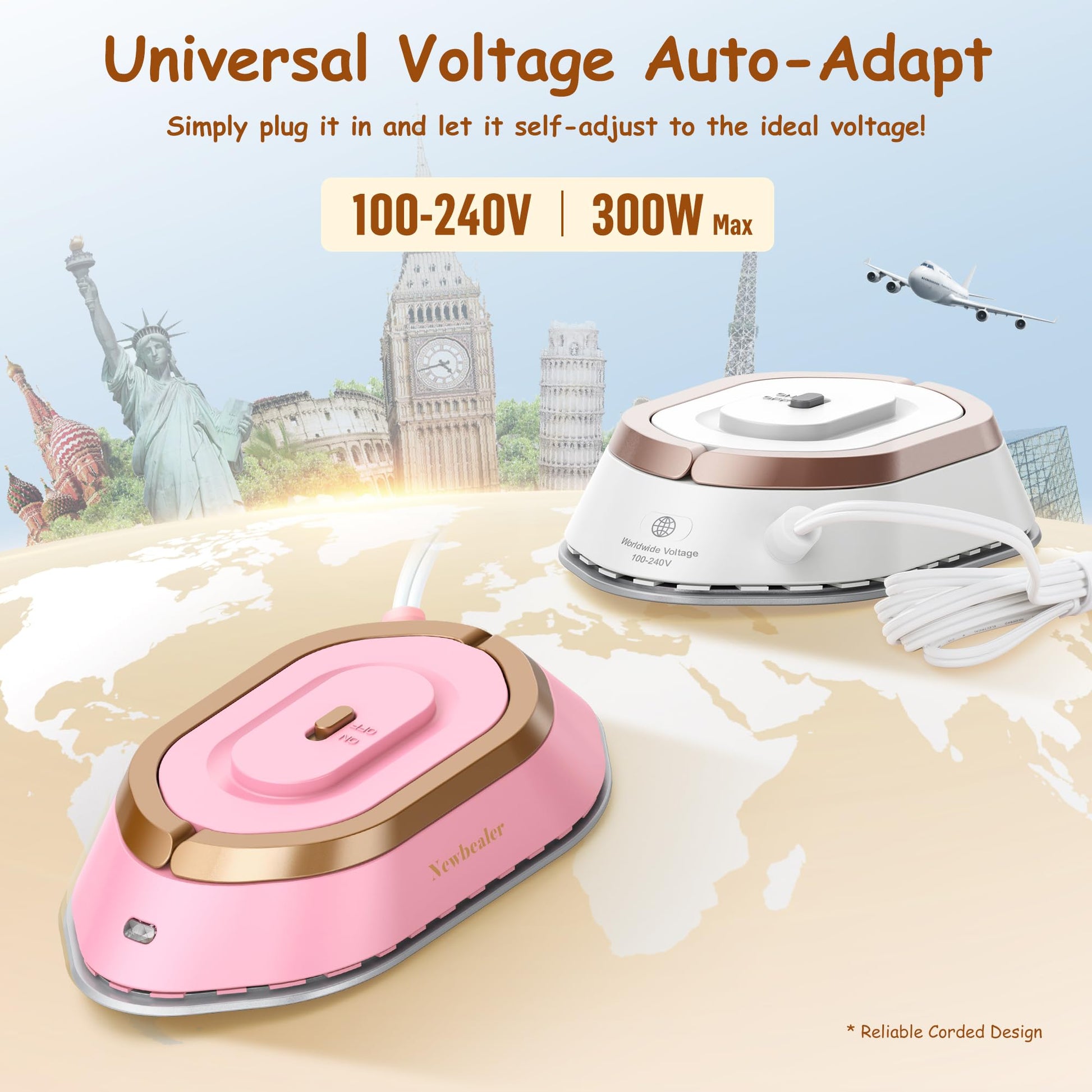 Newbealer Travel Iron with Dual Voltage - 120V/220V Lightweight Dry Iron for Clothes (No Steam), Non-Stick Ceramic Soleplate, 302℉ Heat Press Machine, w/Spray Bottle, Pouch & Silicone Stand (White)