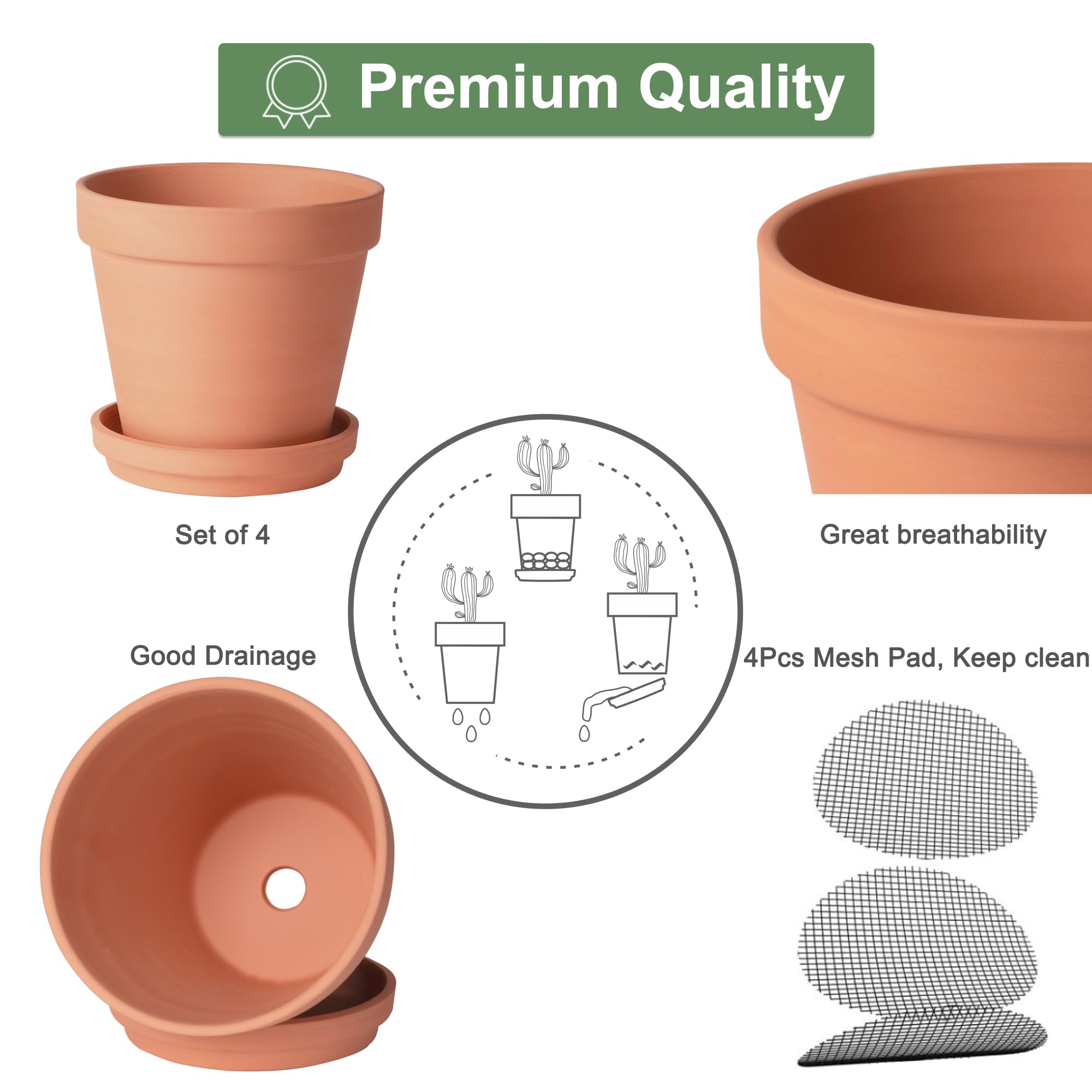 6 inch Terracotta & Clay Pots for Plants with Saucer, Medium Terra Cotta Plant Pots with Drainage Hole, Flowerpot with Tray, Terracotta Pot for Indoor Outdoor Plant - Pack of 4 Planters