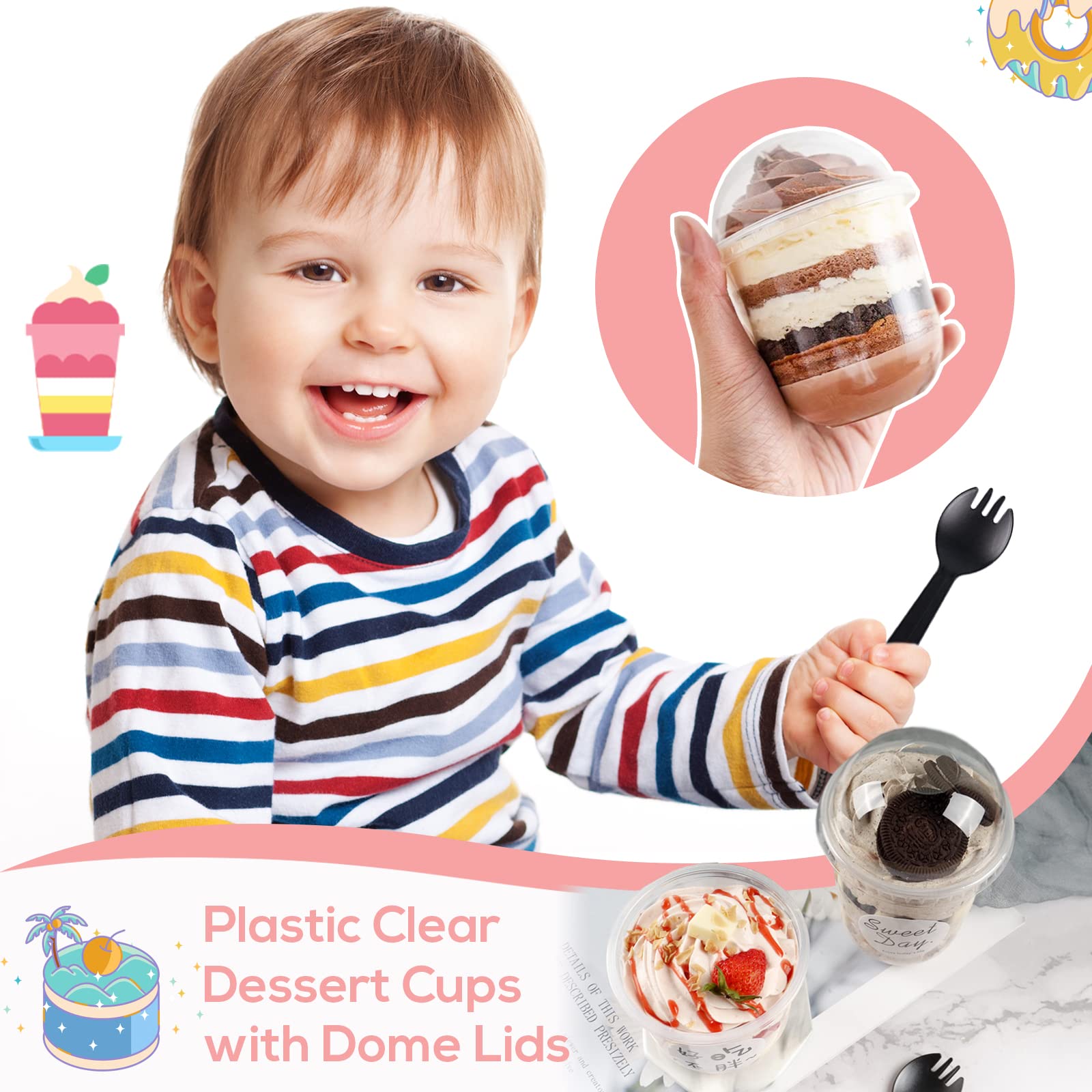 50 Pack 12OZ Clear Plastic Cups with Dome Lids and Sporks No Hole Disposable Fruit Cups for Dessert,Cupcake,Parfait,Pudding,Iced Cold Drinks,Snacks,Fruits,Bakeries,Ice Cream