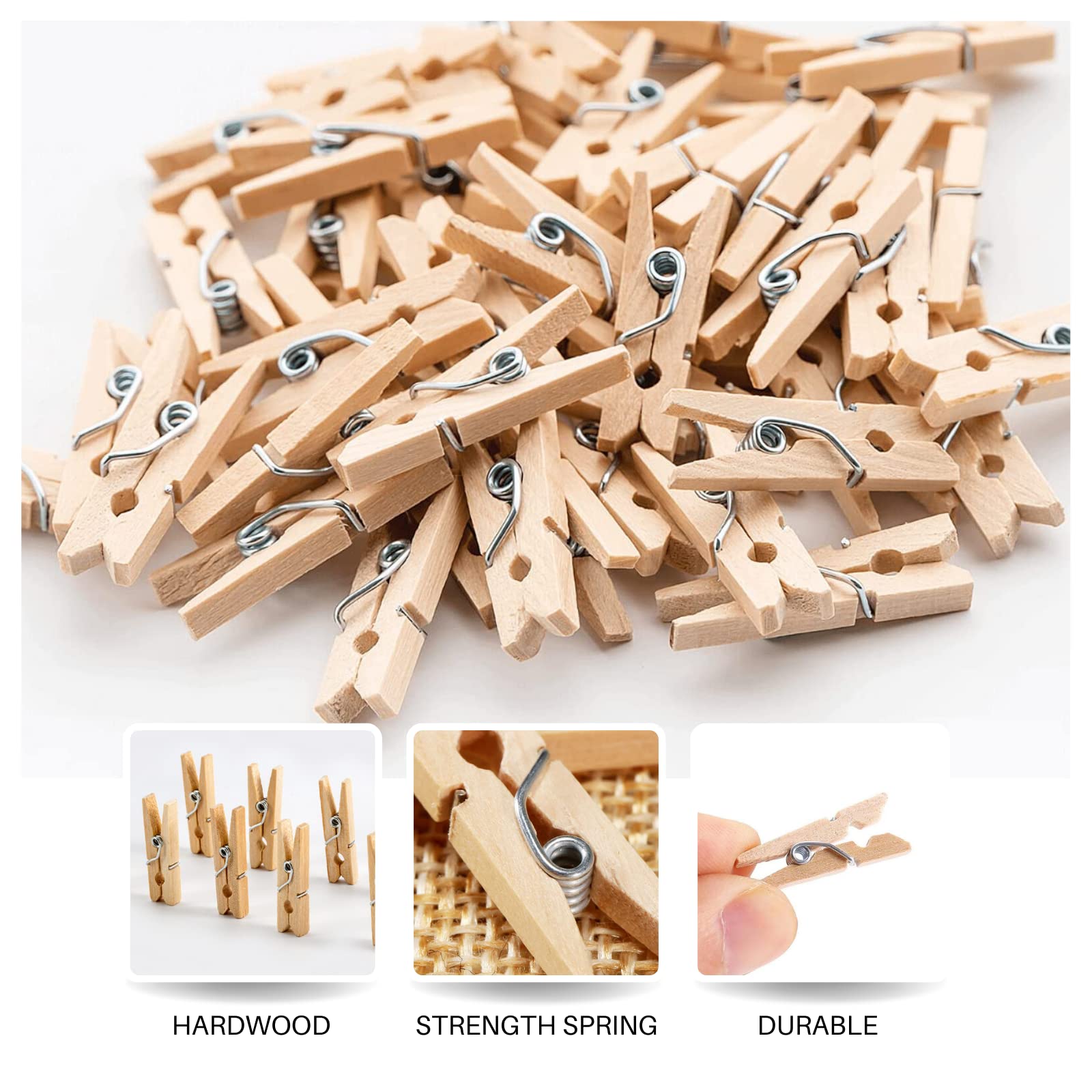 Mini Clothes Pins for Photo, Small Clothespins 200 pcs 1" Natural Wooden Clothespins with Jute Twine, Mini Photo Clips,Small Clothes Pins for Photos, Crafts, Arts, Cocktails