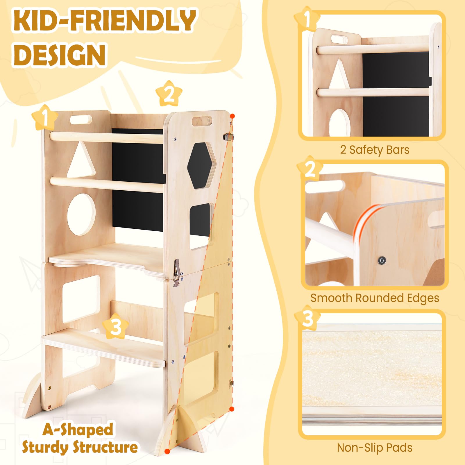 Woodure 4-in-1 Toddler Kitchen Step Stool, Foldable Learning Standing Tower with Blackboard, Wooden Kitchen Stool Helper for Kids, 1-3 Year Old Boy Girl Gifts