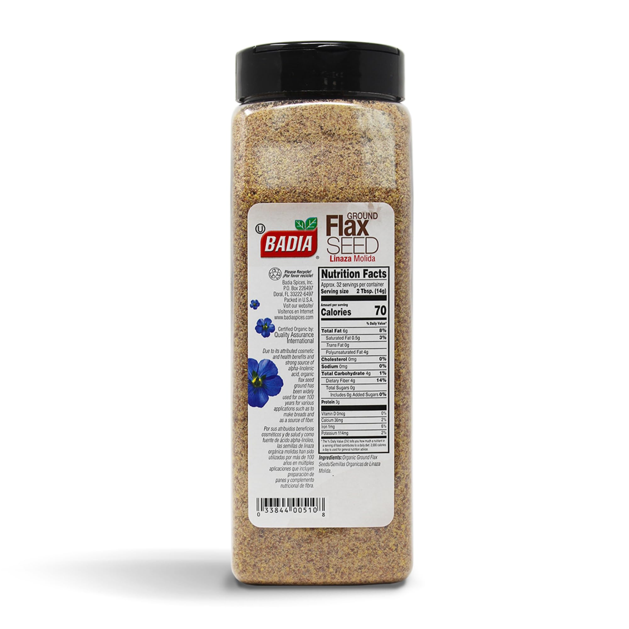Badia Organic Ground Flax Seed, 16 oz - Superfood High in Fiber & Omega-3, Certified Organic, Non-GMO, Baking, Smoothies & Cooking