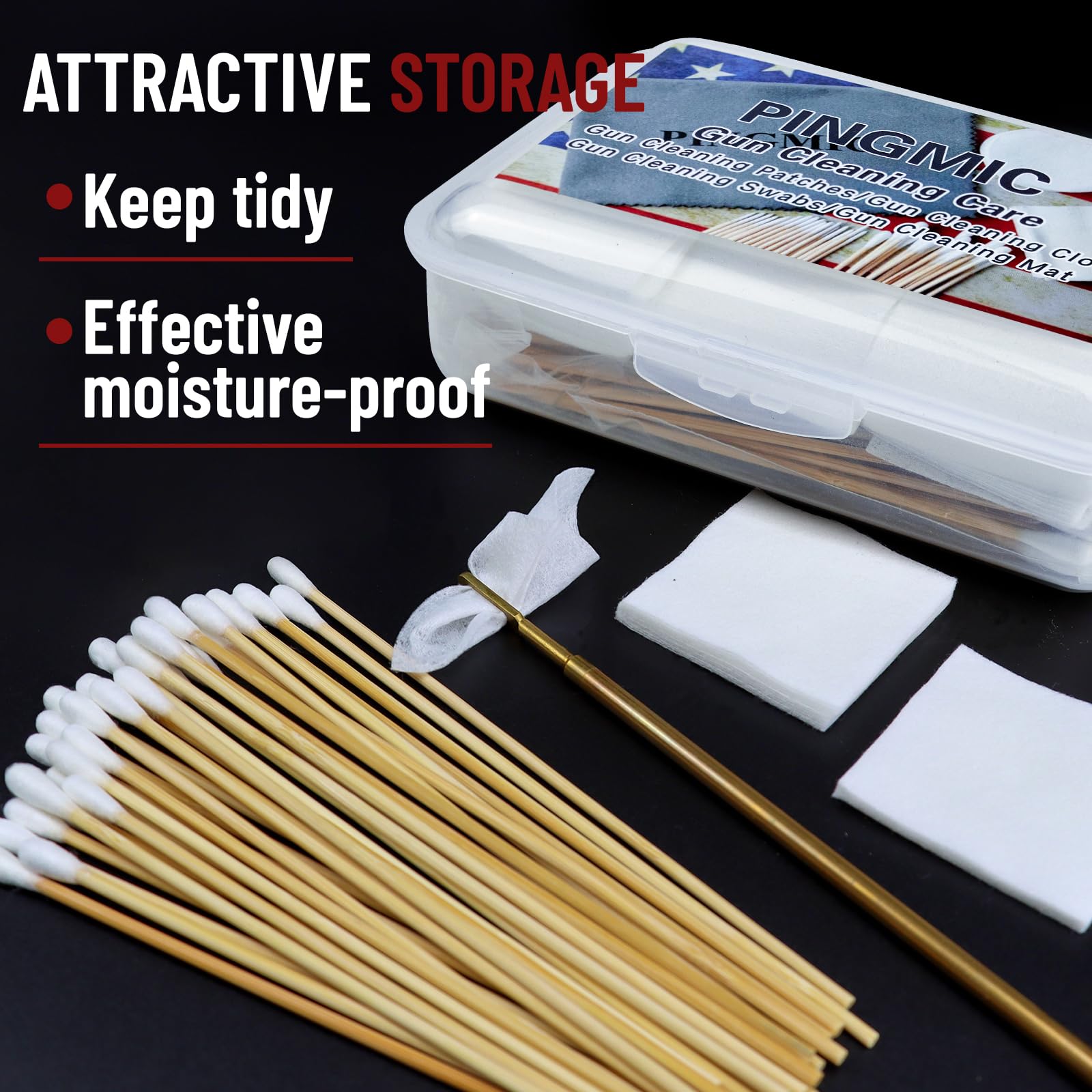 Gun Cleaning Supplies in Storage Box - Gun Cleaning Patches 300PCS and Long Cotton Swabs 200PCS, 6" Cotton Swabs, 2" x 2" Lint Free Cloth Fit Most Caliber Firearms .30/.38 Cal/ 9 mm