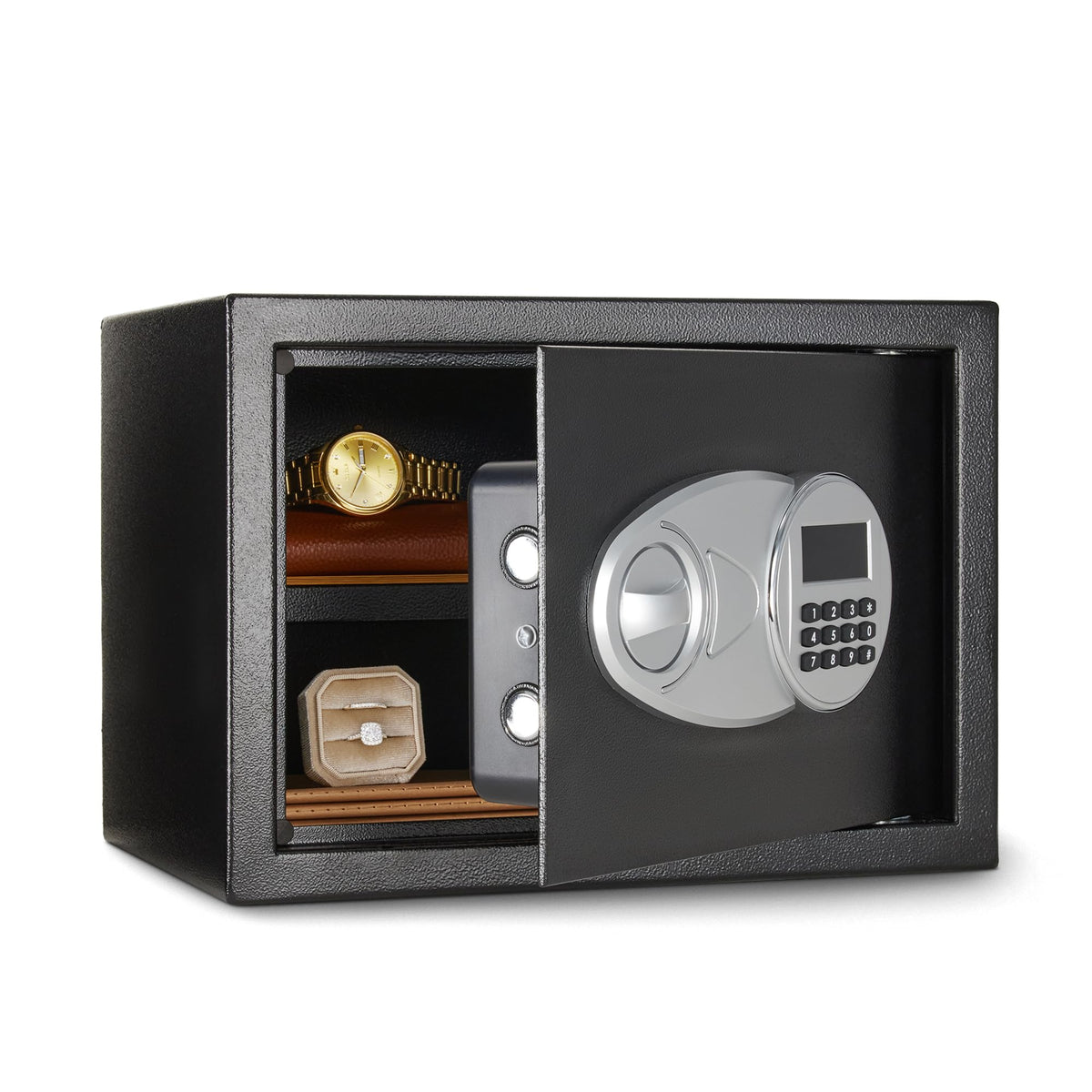 Amazon Basics Sicherheitssafe und Schließfach aus Stahl mit elektronischem Tastenfeld, für Bargeld, Schmuck, Dokumente, Schwarz, 14,15 Liter, 35 cm B x 25 cm T x 25 cm H