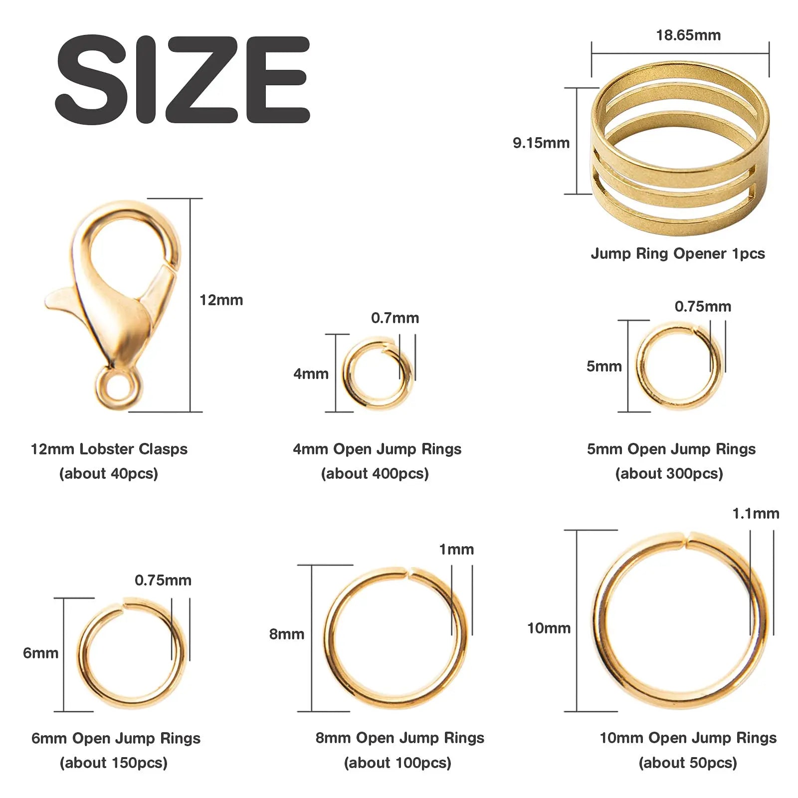Handyman Crafts Jump Rings Kit With1000PCS Open Jump Rings 40PCS 12mm Lobster Clasps and Jump Rings Opener for Jewelry Making Keychains and Necklace Repair (Gold)