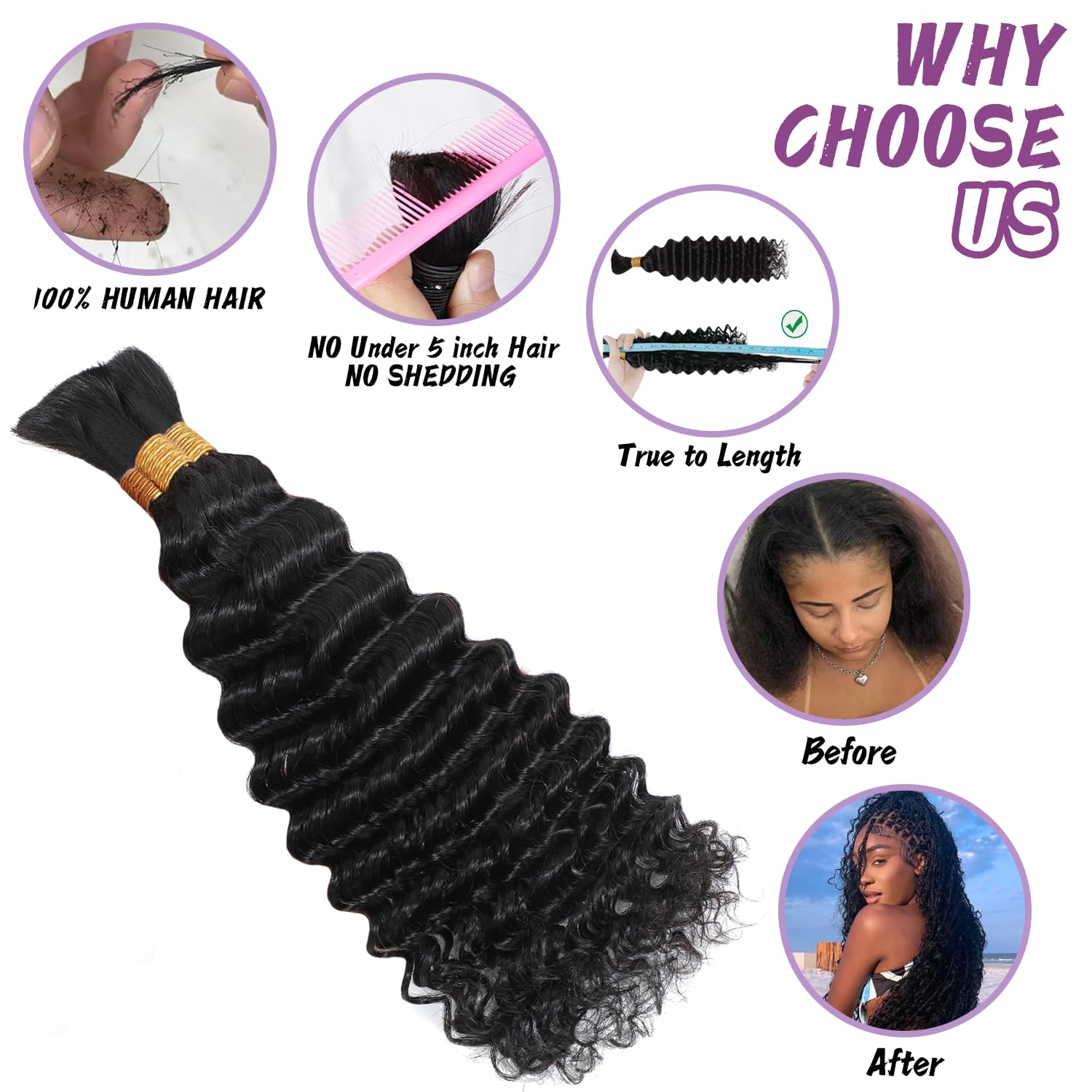 Afihond Human Braiding Hair For Boho Braids 120g Deep Wave Bulk Human Hair for Braiding Knotless 12A 100% Unprocessed Brazilian Virgin Hair Extensions Bulk Bohemian 3 Bundles Natural Color 18inch