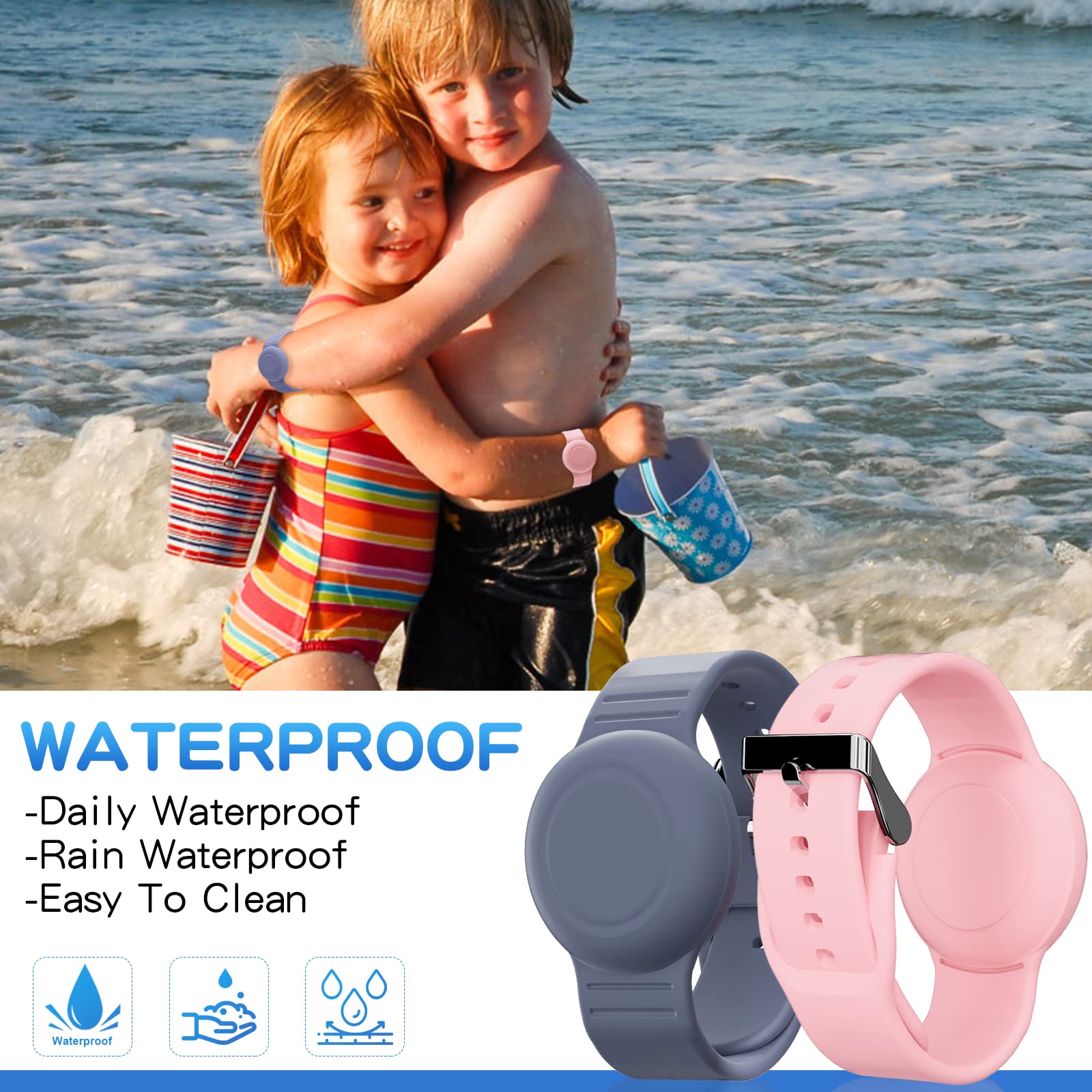 Waterproof Bracelet Compatible with Airtag Case for Kids(2 Pack), Soft Silicone Hidden Wristband, Lightweight GPS Tracker Compatible with Apple Air Tag Watch Band for Child (Grey Blue & Pink)