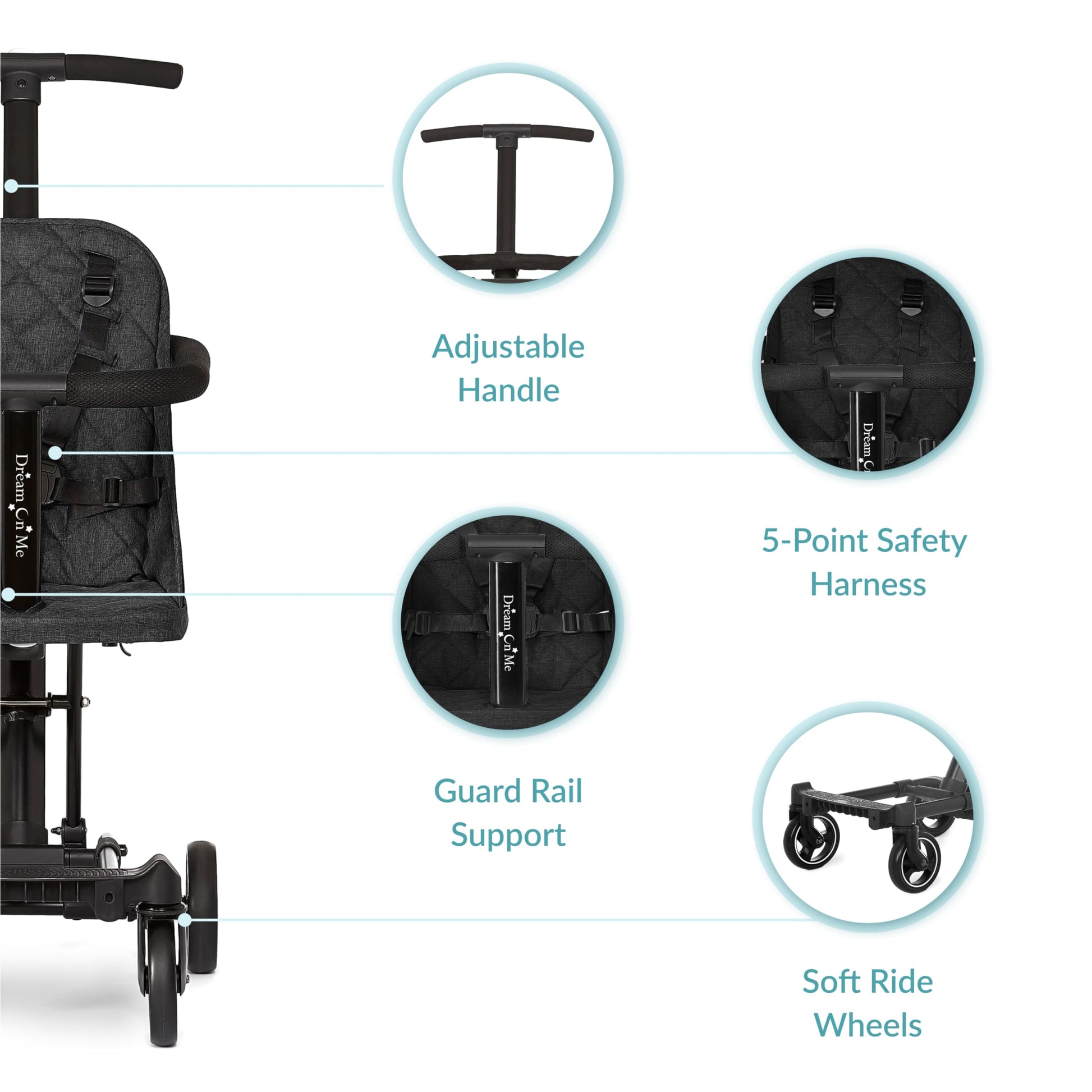 Dream On Me Lightweight and Compact Coast Rider Stroller with One Hand Easy Fold, Adjustable Handles and Soft Ride Wheels, Black