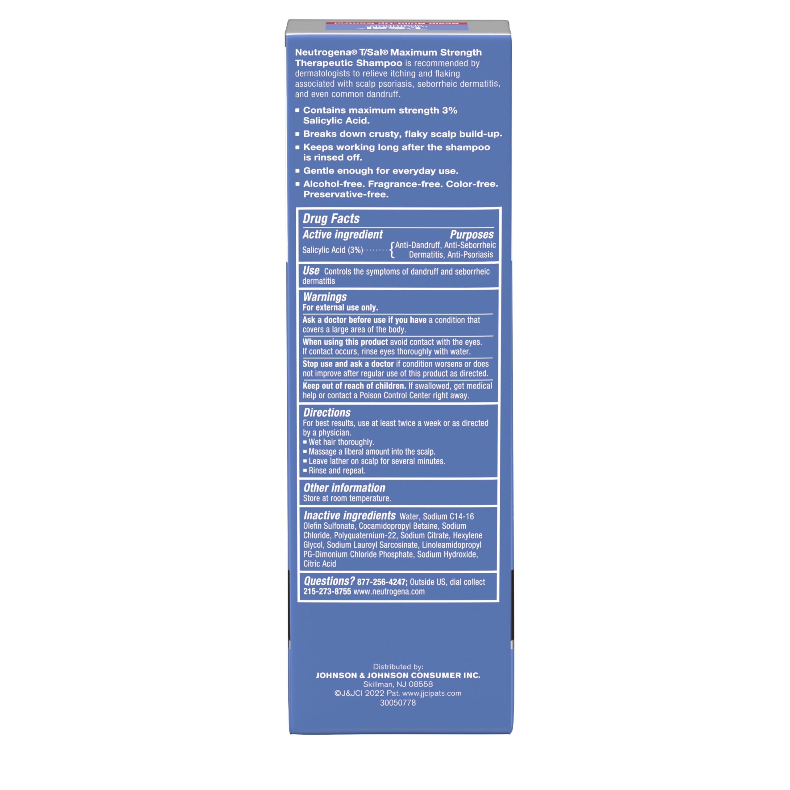 Neutrogena T/Sal Therapeutic Dandruff Shampoo, Scalp Build-Up Control, 3% Salicylic Acid, Scalp Psoriasis Treatment, Seborrheic Dermatitis Shampoo, Clears & Controls Flakes, Fragrance Free, 4.5 fl oz