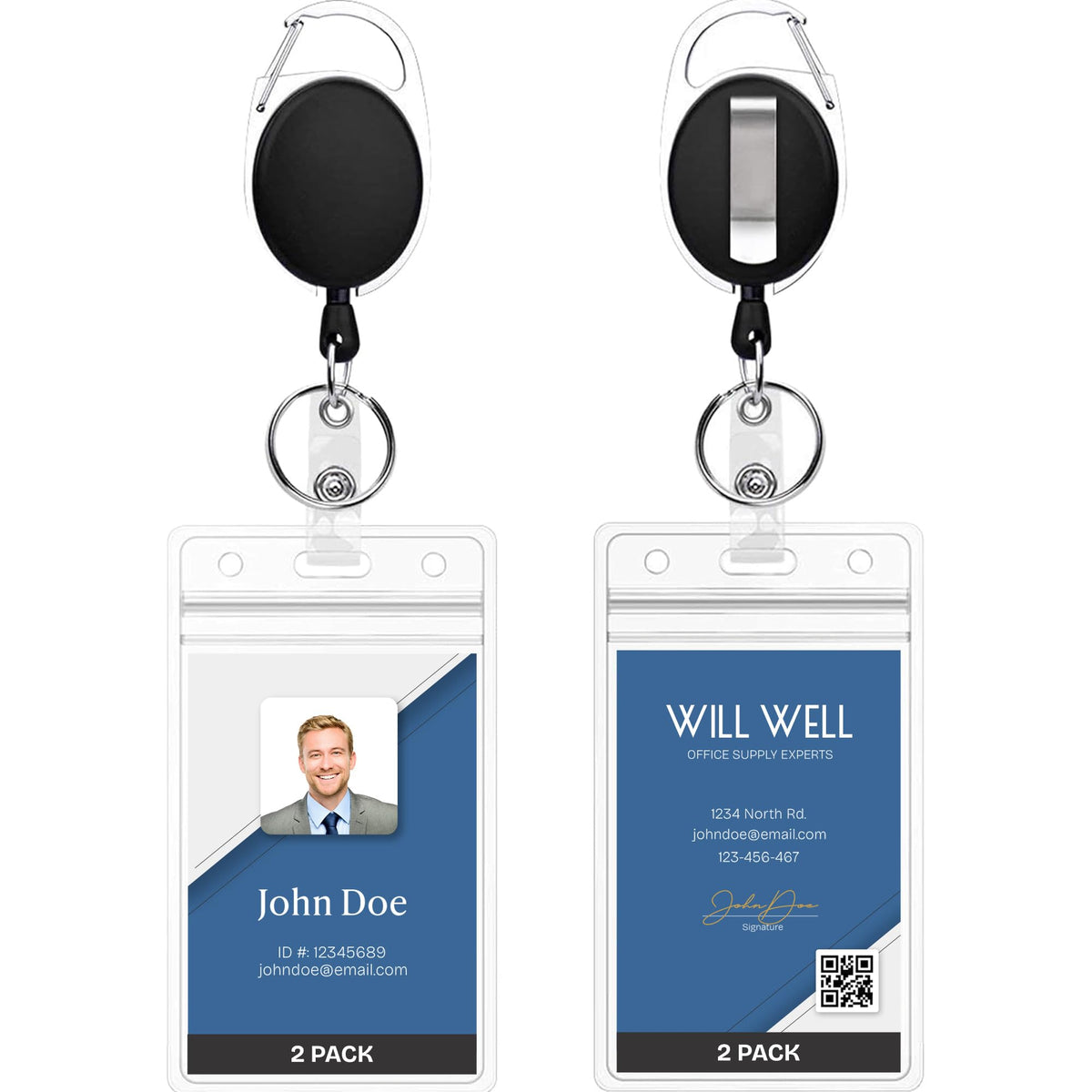 Will Well ID Badge Holders with Clip and Keyring - Vertical Clear Plastic 2.52" x 3.58" Sleeves Fit Up to 3 Cards - Retractable 24" UHMWPE Fiber Pull Cords for Easy Access - 2-Pack, Black Reels