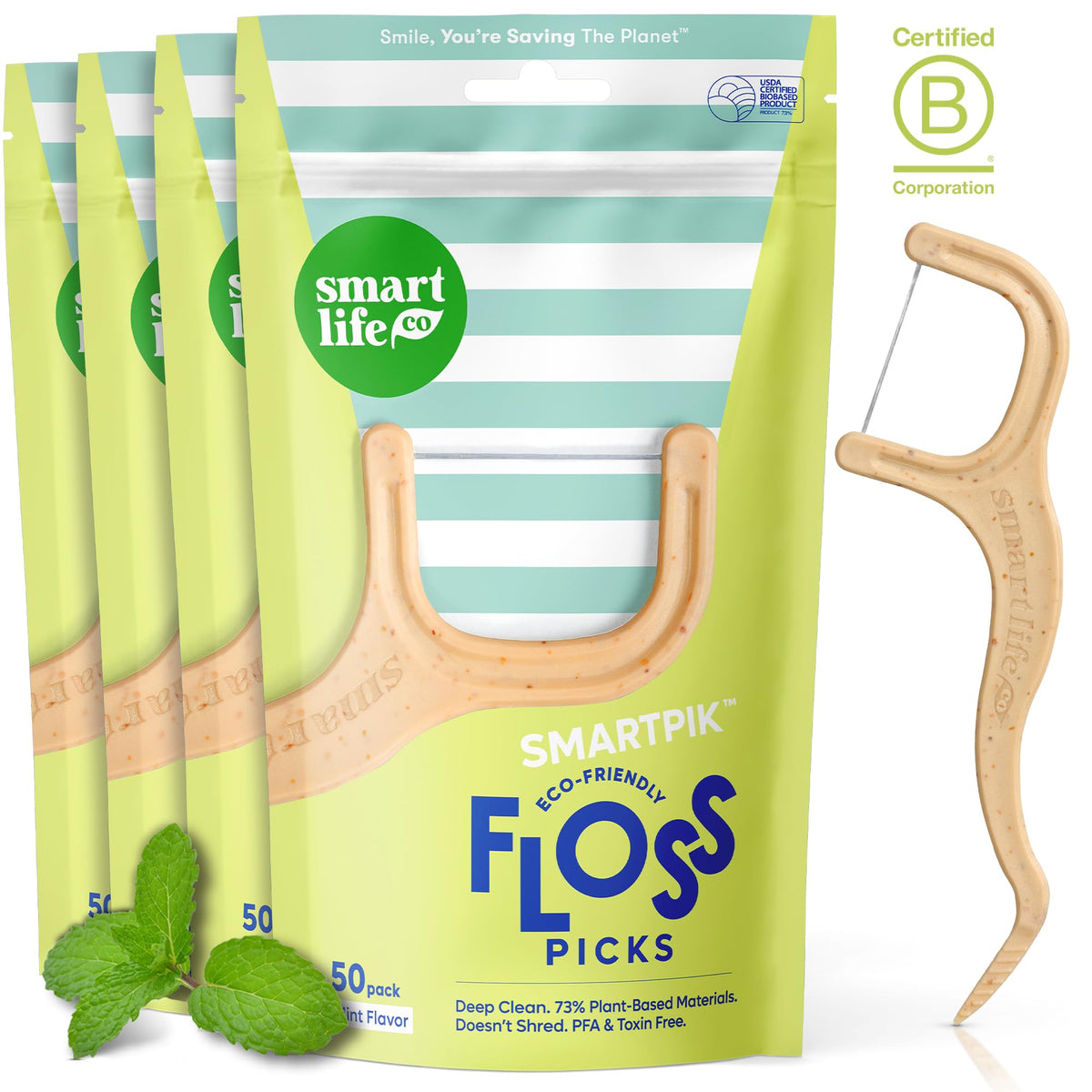 SmartLifeco Umweltfreundliche Zahnseide-Sticks (200 Stück) – Zahnseide aus Stroh-Weizen-Mischung, überlegener reißfester Faden für enge Zahnzwischenräume, Zahnstocher für Erwachsene, sanft zu Zahnfleisch und Zähnen, vegan, Minze