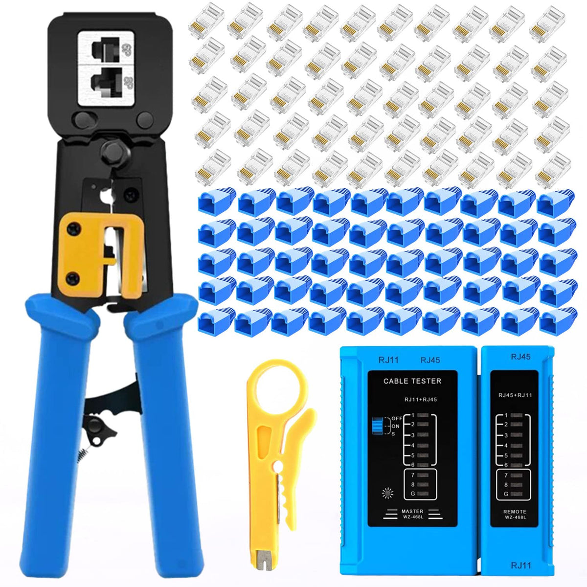 أداة تجعيد RJ45 من Gaobige لـ Cat6 Cat5e Cat5، أداة تجعيد متينة لموصلات RJ45 RJ12/11 ذات التمرير المباشر مع 50 قطعة من موصلات RJ45 Cat5e ذات التمرير المباشر، 50 قطعة من الأغطية، أداة تعرية الأسلاك؛ جهاز اختبار كابل الشبكة