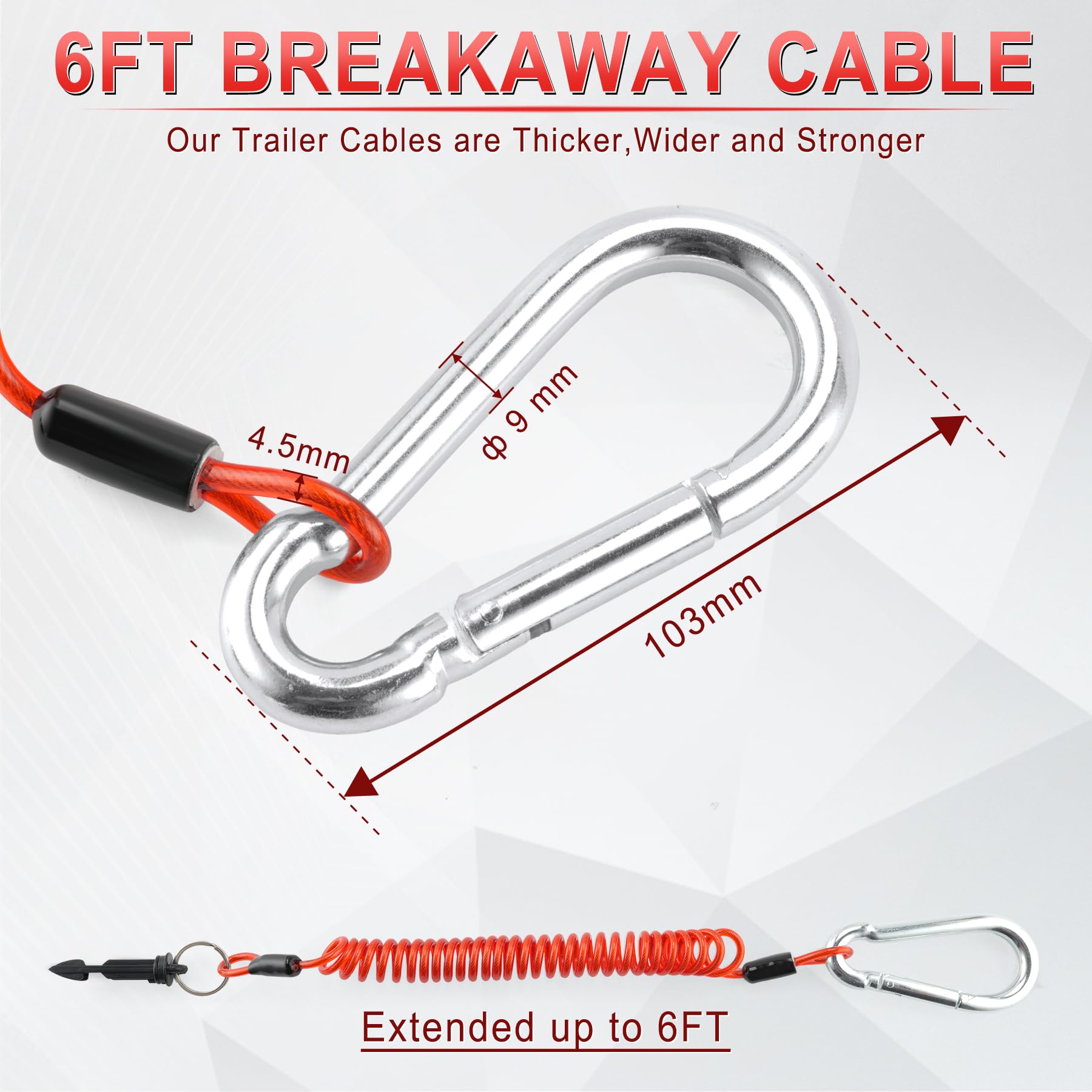 JUSTTOP 6FT Breakaway Trailer Cable,Heavy Duty Stainless Steel Spring Towing Coiled Wire,Emergency Brake Wire Camper Safety Breakaway Cable with Pin,RV Trailer Accessories