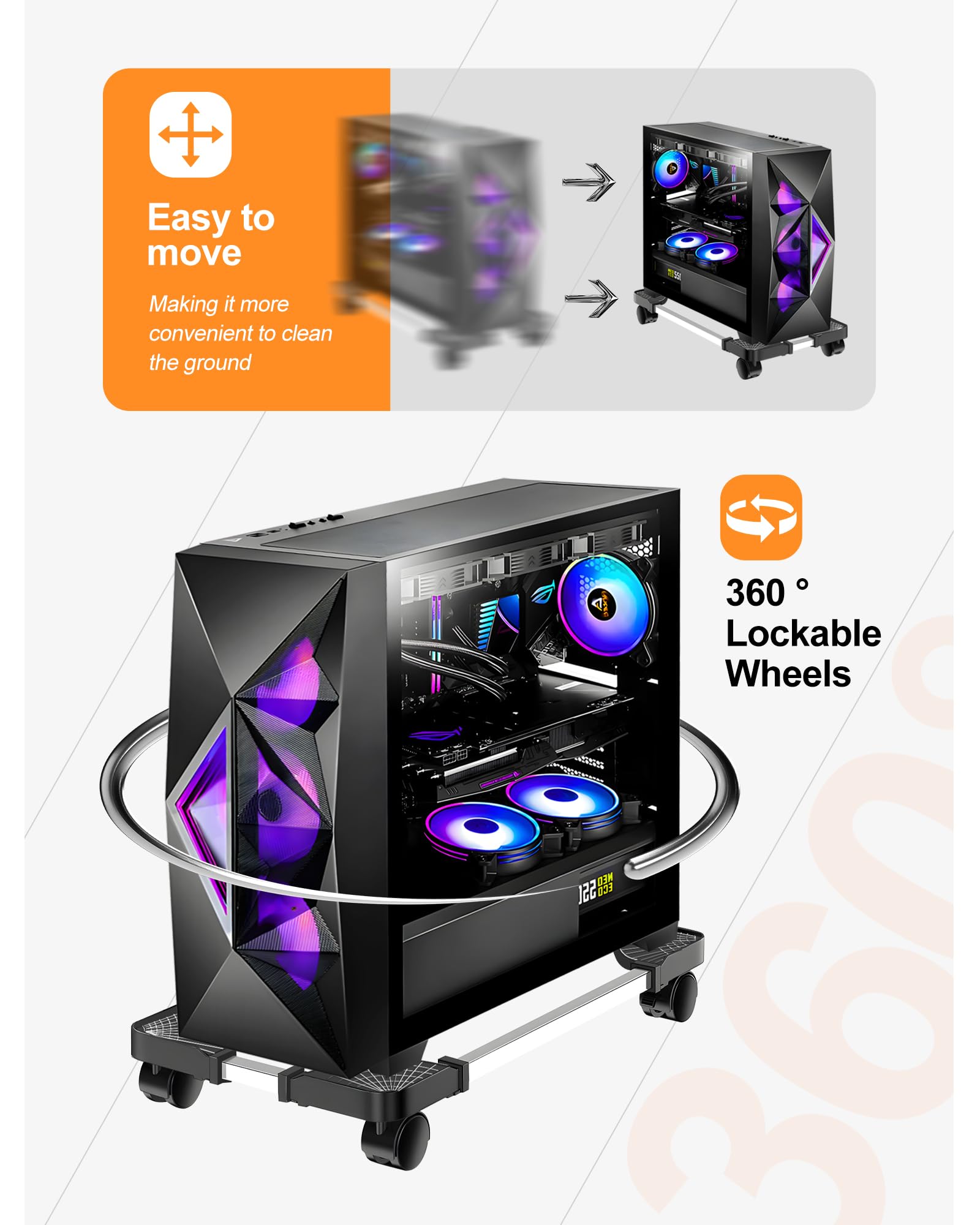 Computer Tower Stand, Adjustable Mobile CPU Stand with Rolling Caster Wheels, Premium PC Tower Stand Holder for Floor Carpet Gaming PC Case