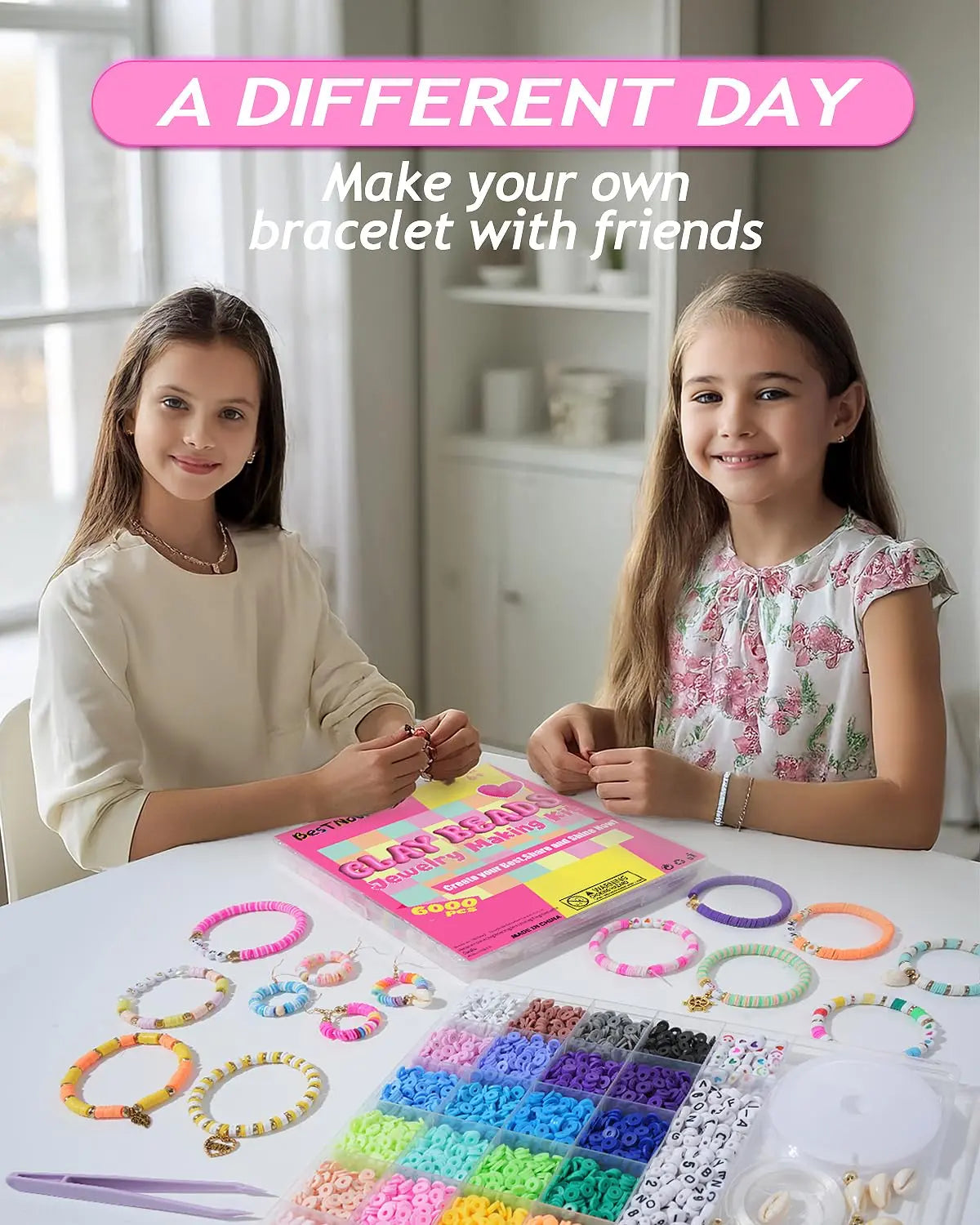 BestNow Clay Beads Bracelet Making Kit 6000 Pcs Flat Preppy Beads for Friendship Jewelry Making Polymer Heishi Beads with Charms Gifts for Teen Girls Crafts for Girls Ages 8-12