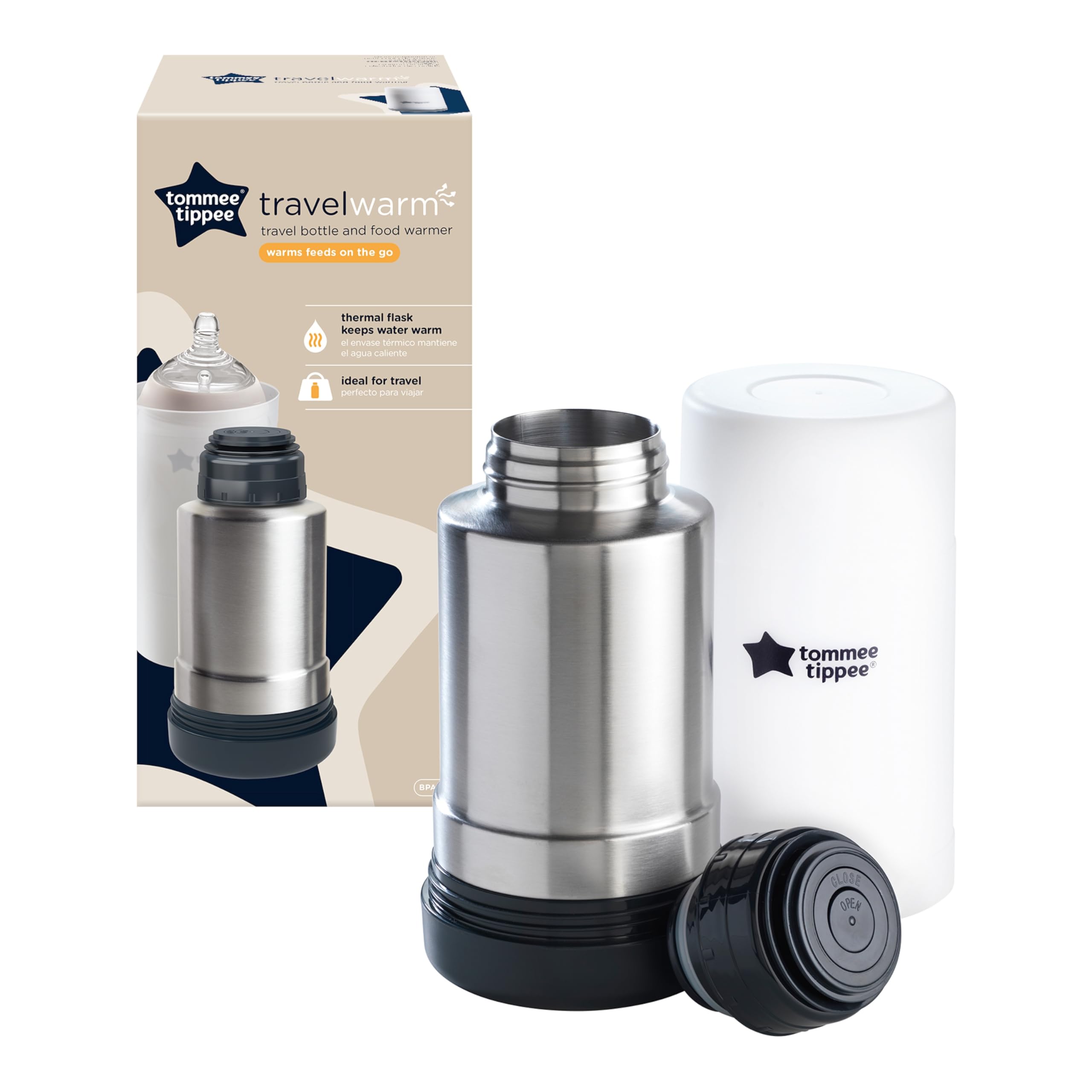 Tommee Tippee Portable Travel Baby Bottle and Food Warmer, Thermal Insulation, Stainless-Steel Flask with Leak-Proof Lid