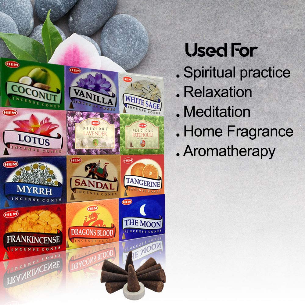 HEM Assorted Incense Cones – Pack of 12 Scents (10 Cones Each, 120 Total) – Natural Aromatherapy Fragrance for Meditation, Relaxation, Yoga, and Home Use