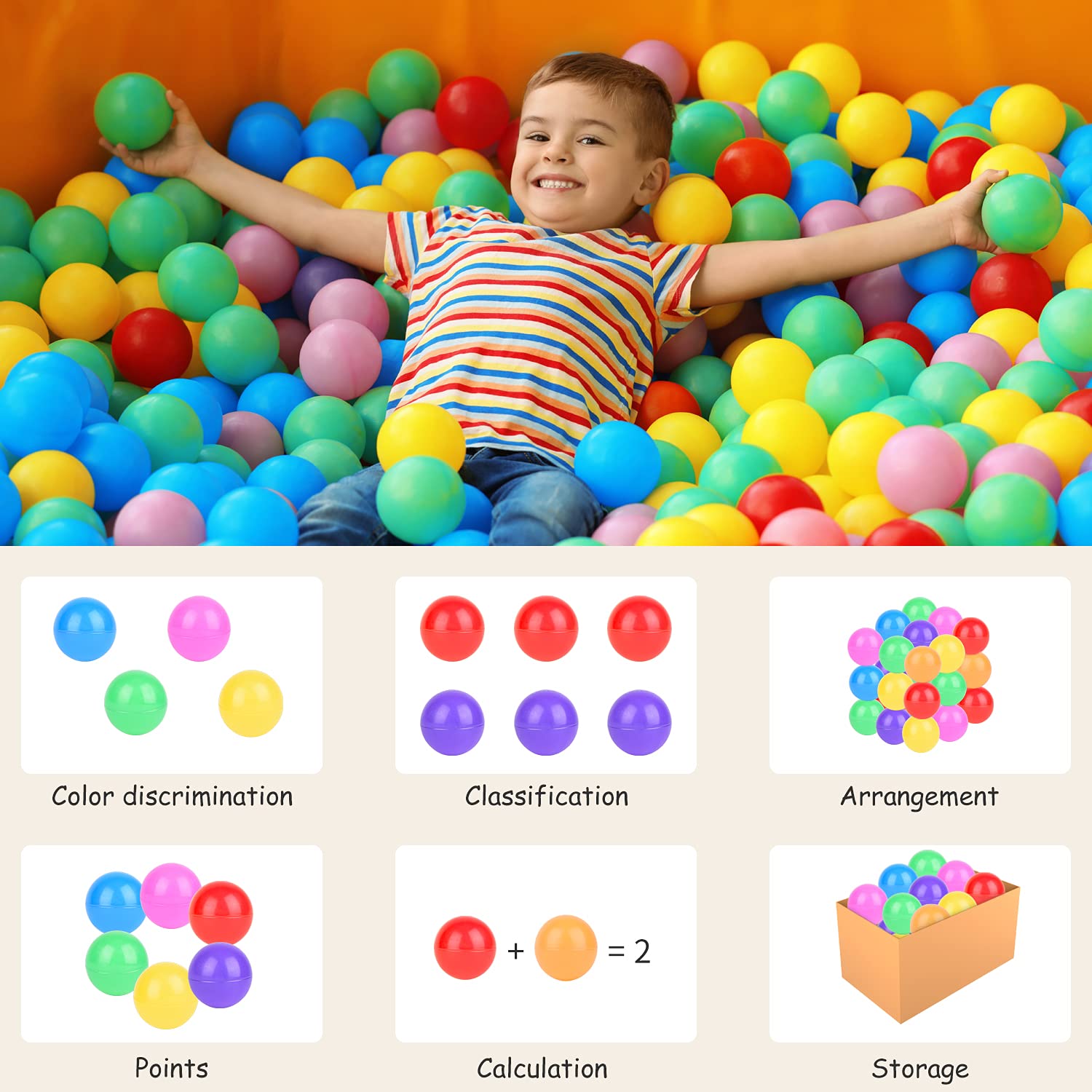 Hovenlay Ball Pit Balls Phthalate Free BPA Free Crush Proof Plastic - 7 Bright Colors in Reusable Play Toys for Kids with Storage Bag