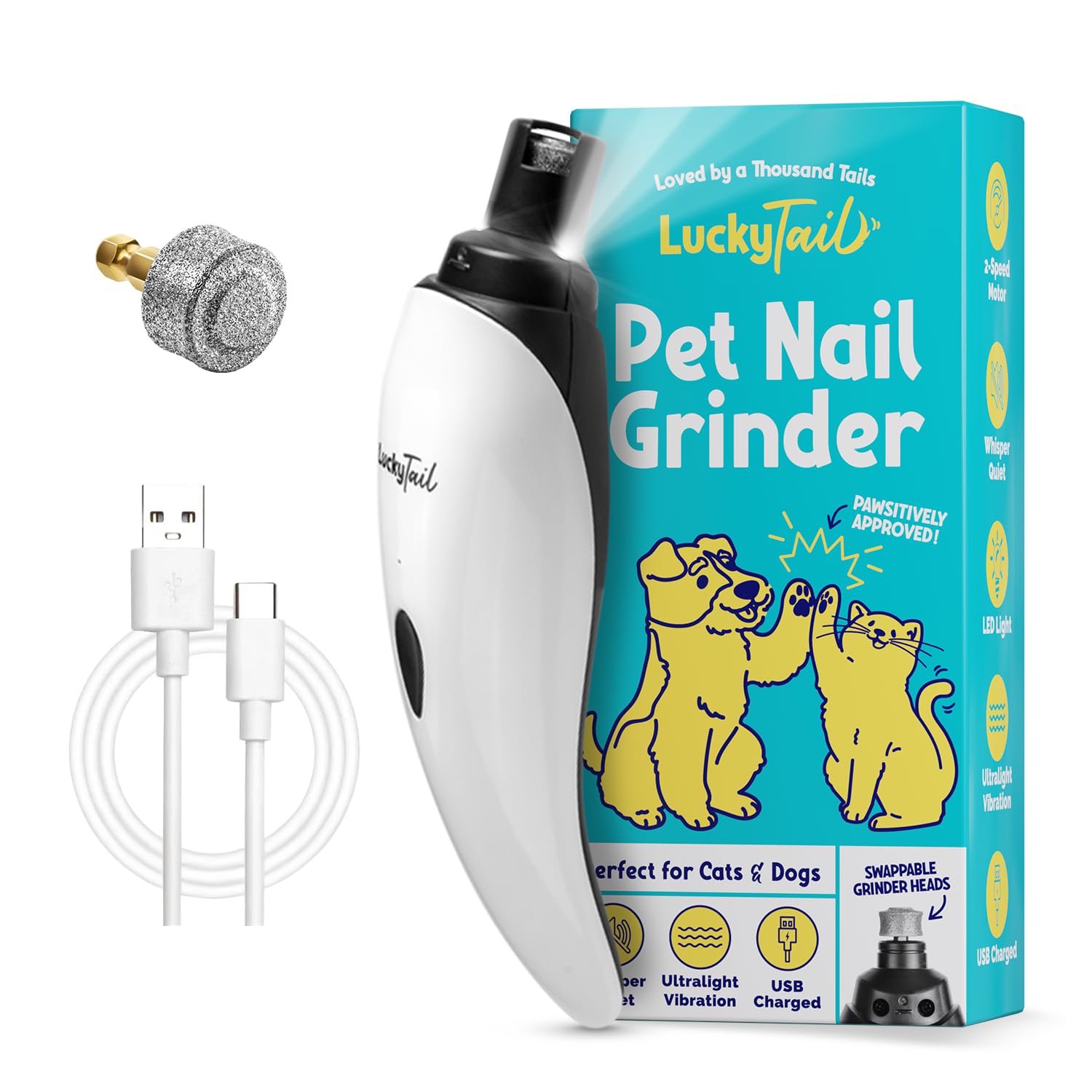 LuckyTail Haustier-Nagelschleifer für Hunde und Katzen – superleiser und vibrationsarmer elektrischer Hunde-Nagelschleifer mit 2 LED-Leuchten – USB wiederaufladbar und kabellos – 2 Geschwindigkeiten – für kleine bis große Haustiere
