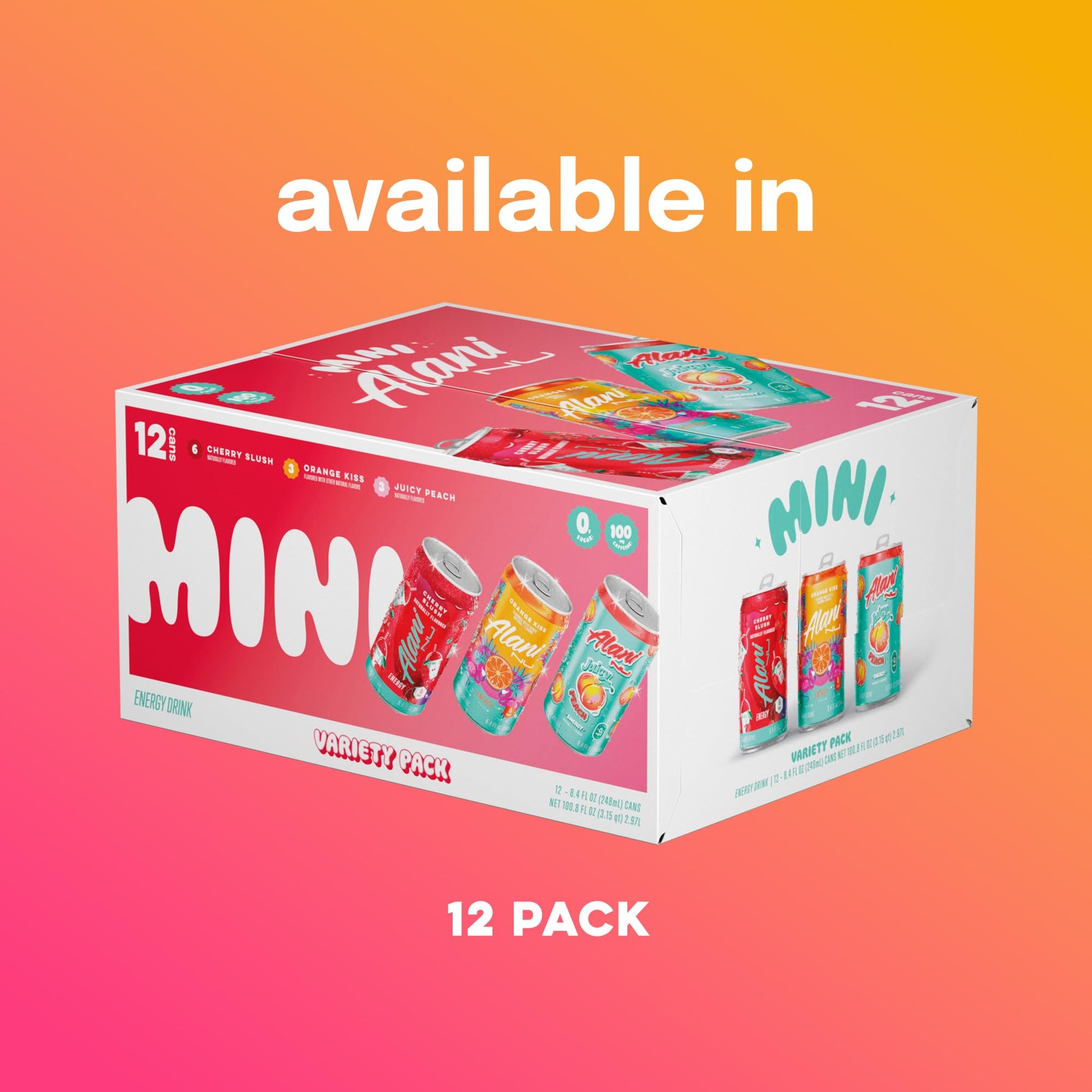 Alani Nu VARIETY PACK (CHERRY SLUSH, JUICY PEACH, ORANGE KISS), Low Calorie Energy Drinks, 100mg Caffeine, Biotin, B Vitamins, Zero Sugar, 10 Calories or Less, 8 Fl Oz Cans, 12 Pack