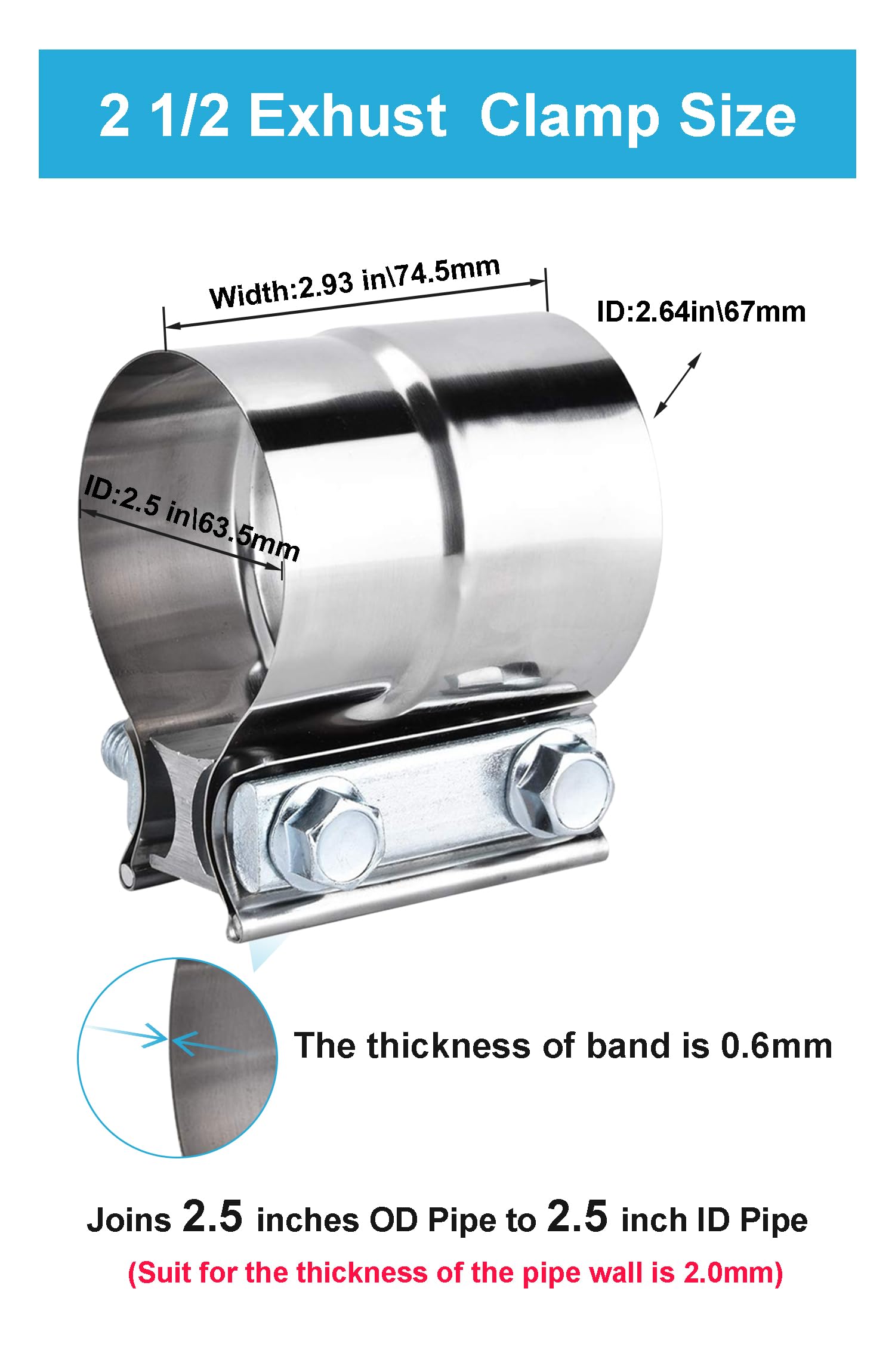 DecoHongDi 2.5 Inch Exhaust Clamps 2 Packs,2 1/2in Lap Joint Band Clamp 304 Stainless Steel for Muffler Pipe Repair,Catalytic Converters