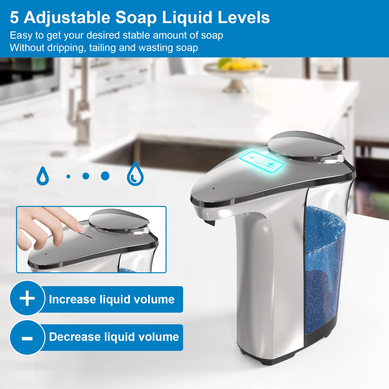 PZOTRUF Automatic Soap Dispenser, Touchless Dish Soap Dispenser 17oz/500ml with Infrared Sensor, 5 Adjustable Soap Levels, Liquid Dispenser for Bathroom Kitchen (Silver)