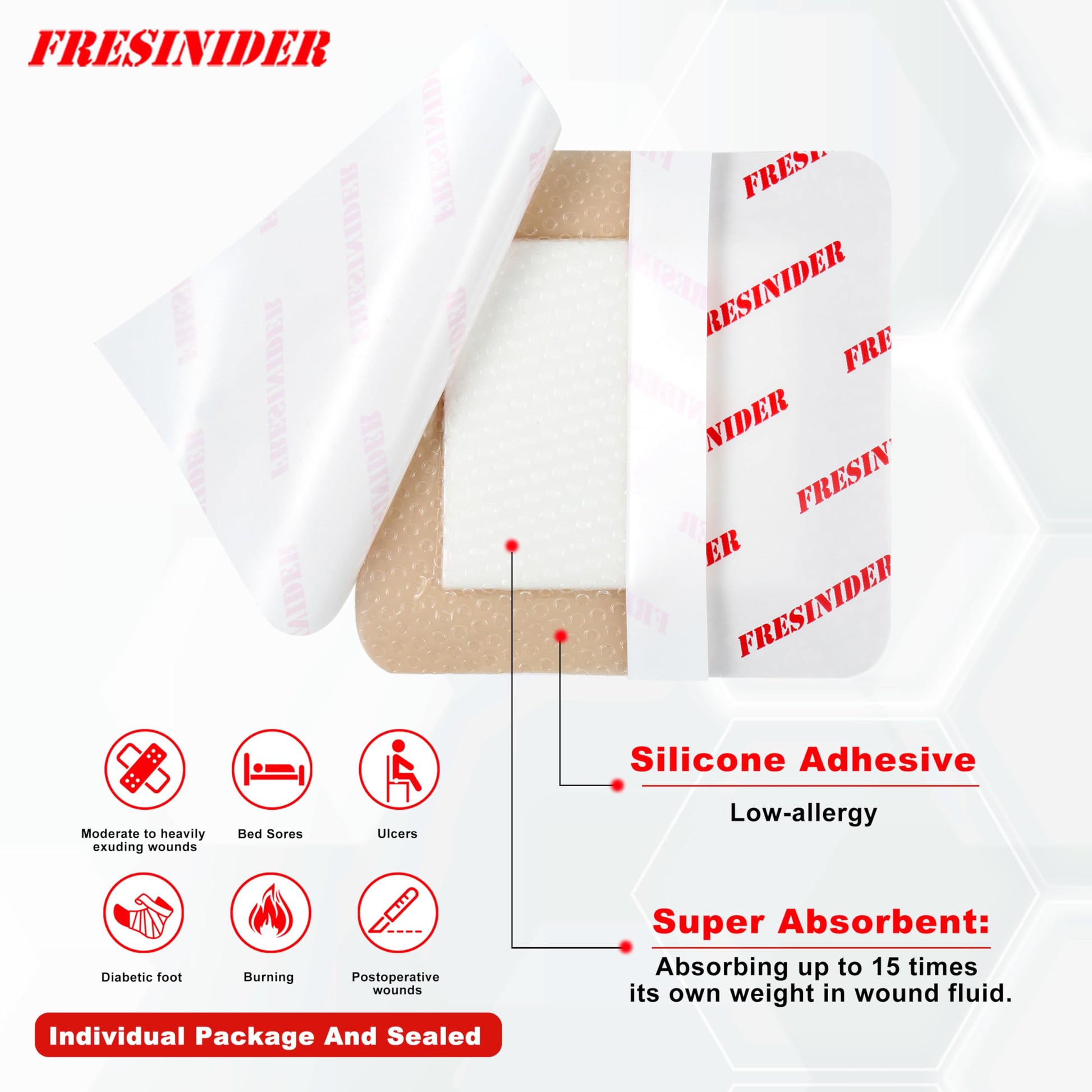 FRESINIDER Silicone Foam Dressing with Adhesive Border – Wound Dressing Bandage – Silicone Foam Pad – Pack of 10 – 4 x 4 Inches Large Waterproof Bandages – Self Adhesive Wound Care and Dressings