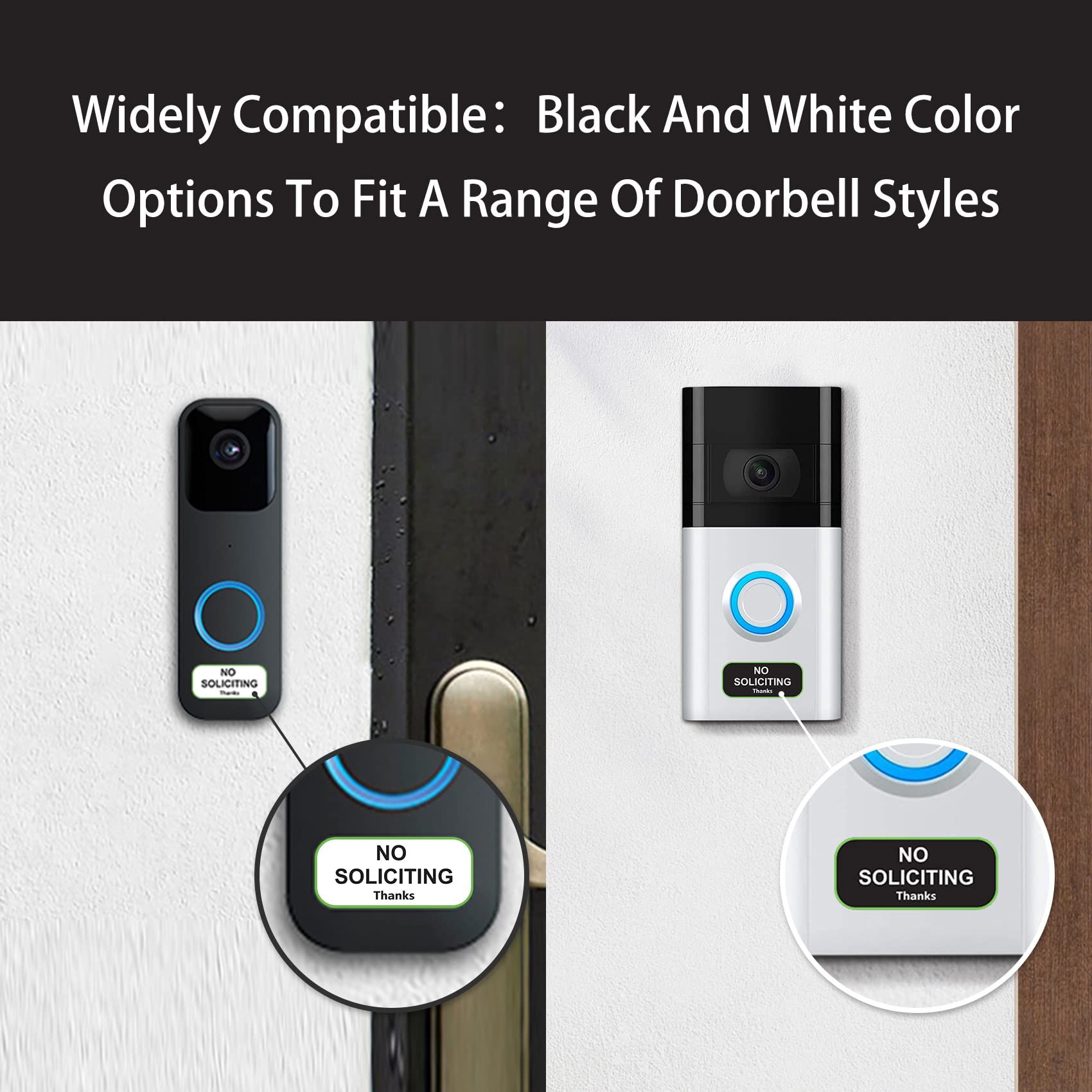 Small No Soliciting Sign for House,1x0.5 Inches Compatible with Most Doorbells,Weatherproof and Sturdy - Easy to Install (3 black and 3 white)