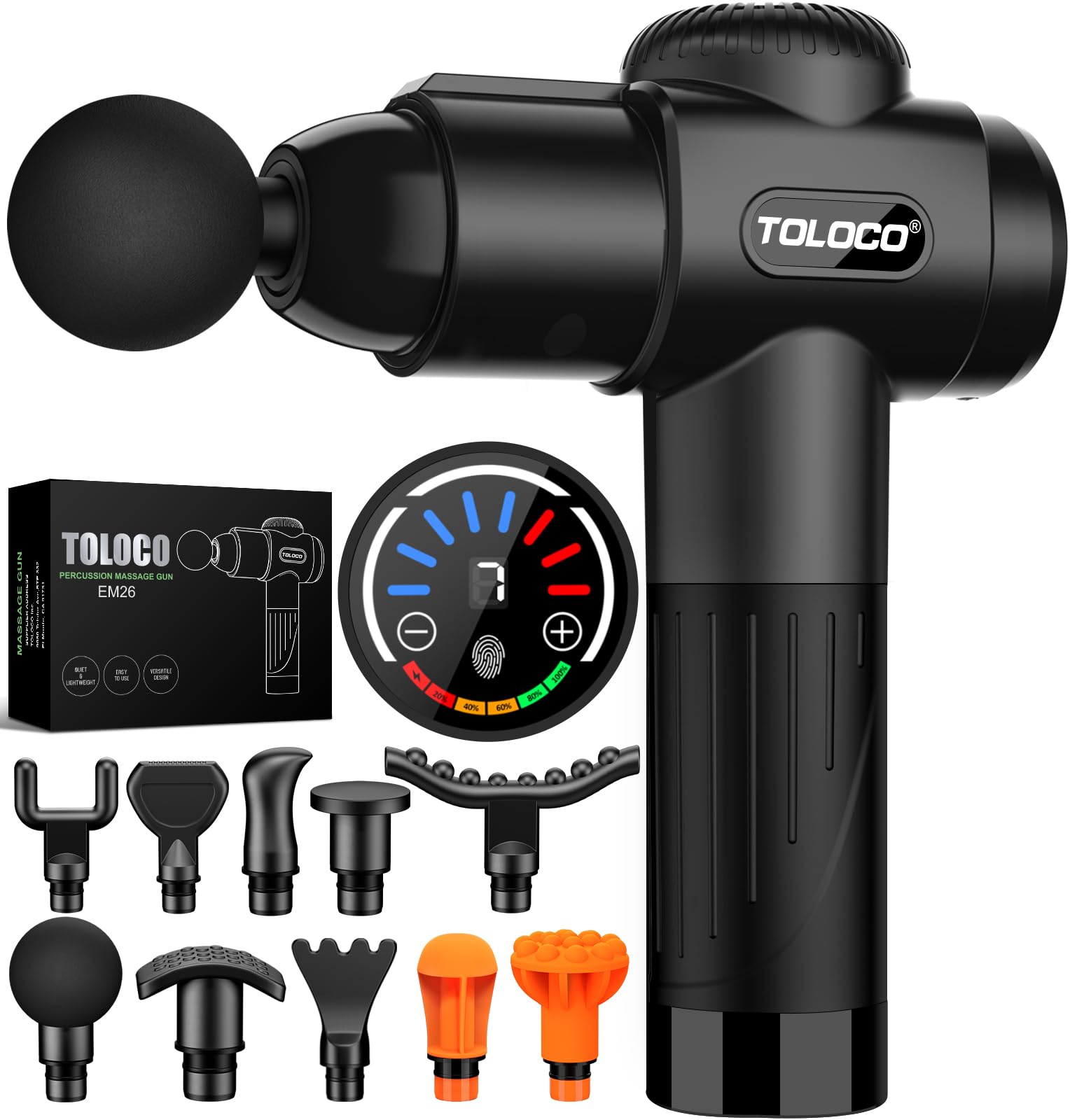 TOLOCO Massagepistole, Tiefengewebe-Rückenmassagegerät für Sportler zur Schmerzlinderung, Perkussionsmassagegerät mit 10 Massageköpfen & leisem bürstenlosem Motor, Geschenke zum Vatertag, Schwarz