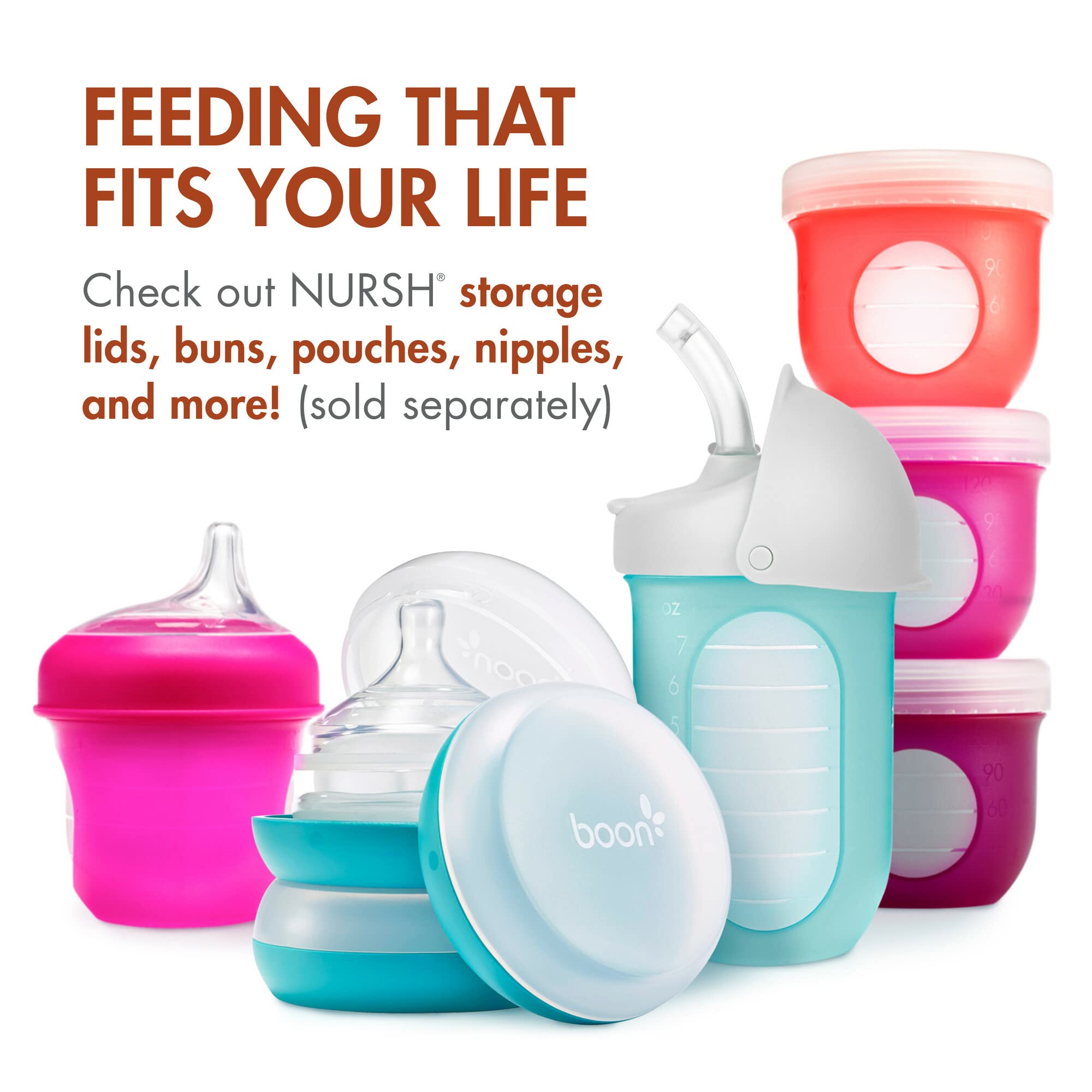 Boon Nursh Reusable Silicone Pouch Baby Bottles - Medium Flow Nipple - Silicone Baby Bottle Pouch and Nipple - Baby Feeding Essentials - Speckle - 3-6 Months - 3 Count - 8 Ounce