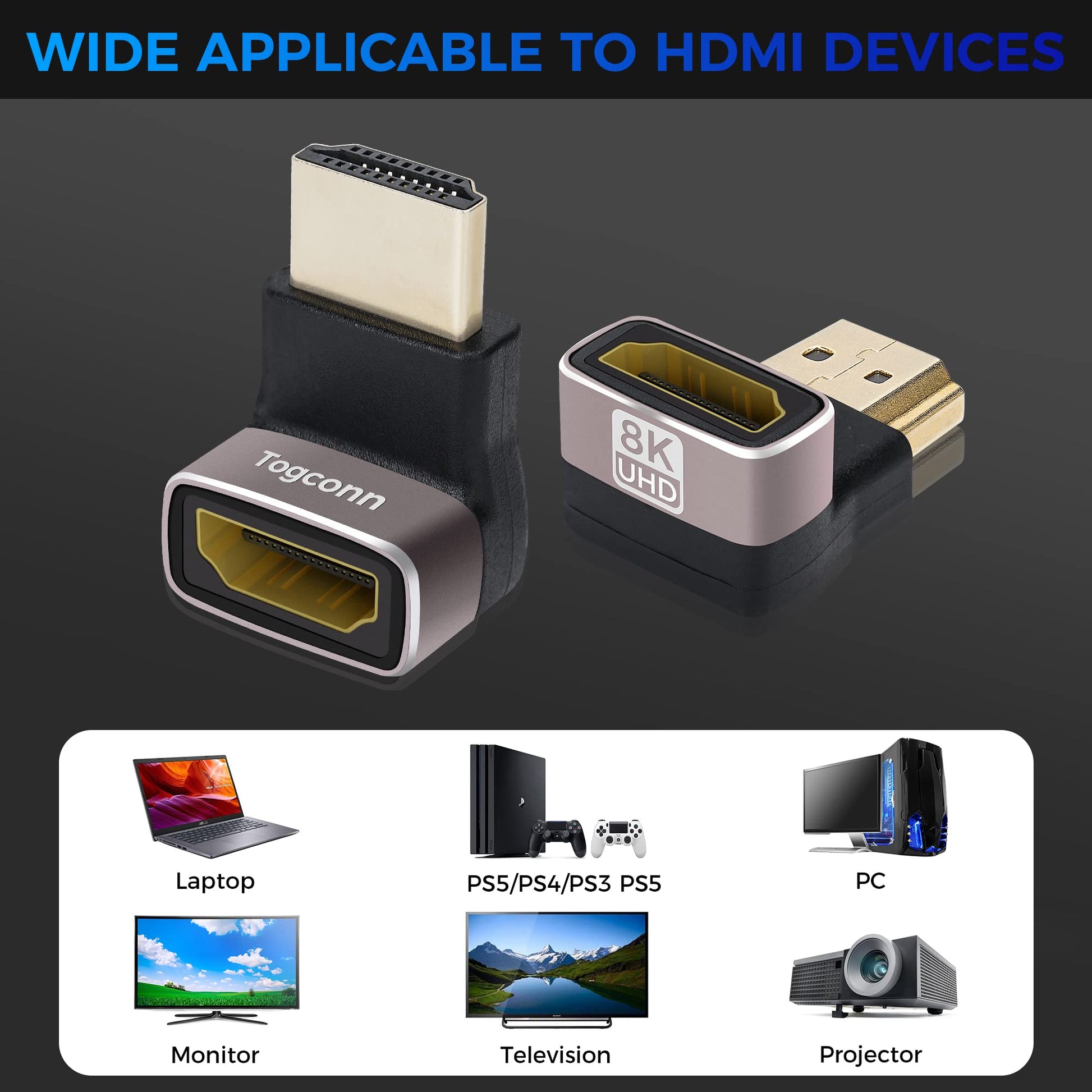 8K 90 Degree HDMI 2.1 Adapter 2 Pack, (Up and Down) Right Angle HDMI Male to Female HDMI L-Shaped Connector Extender Support 8K@60Hz,4K@120Hz for Google Chrome Cast, Roku Stick, Wall TV, Laptop and PC