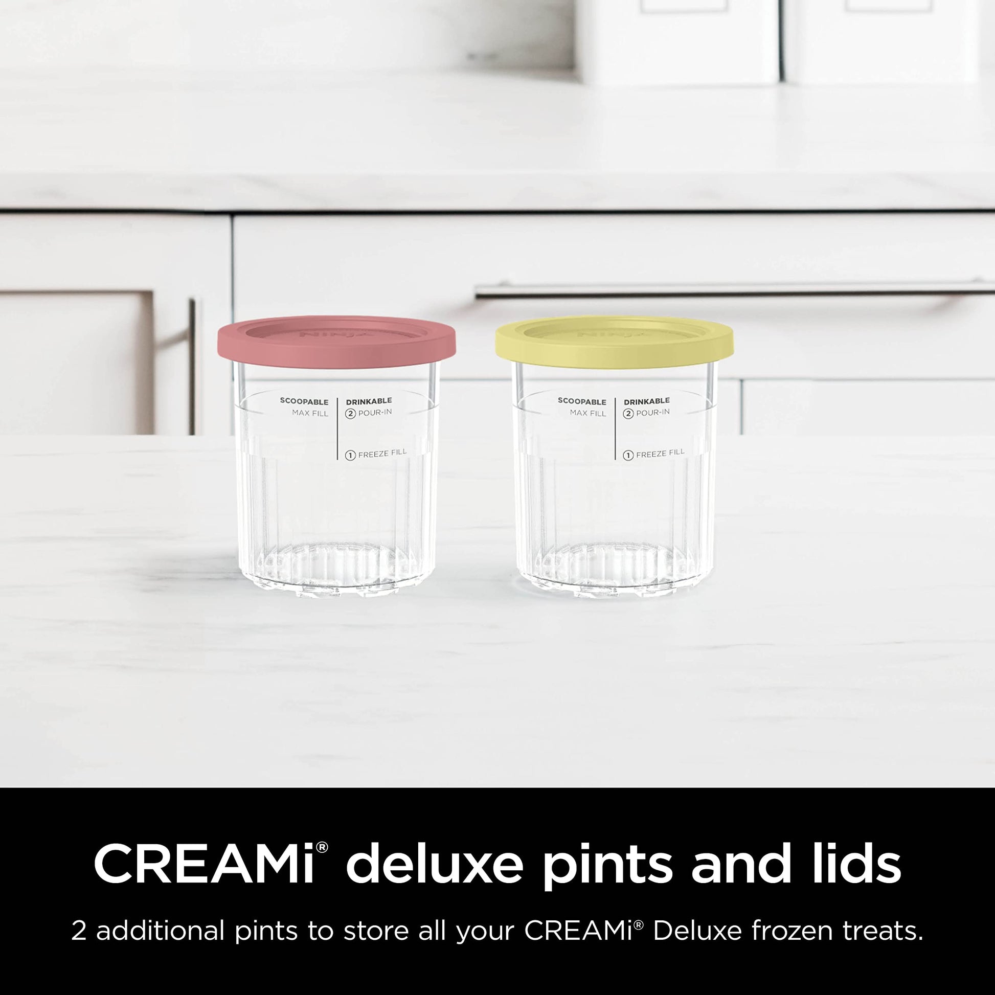 Ninja Creami Deluxe Pints 2 Pack, Compatible with NC500 Series Creami Deluxe Ice Cream Makers, Genuine Ninja Pint, BPA-Free & Dishwasher Safe, Color Lids, 1 Pint Each, Clear/Coral/Yellow, XSKPNTLD2​