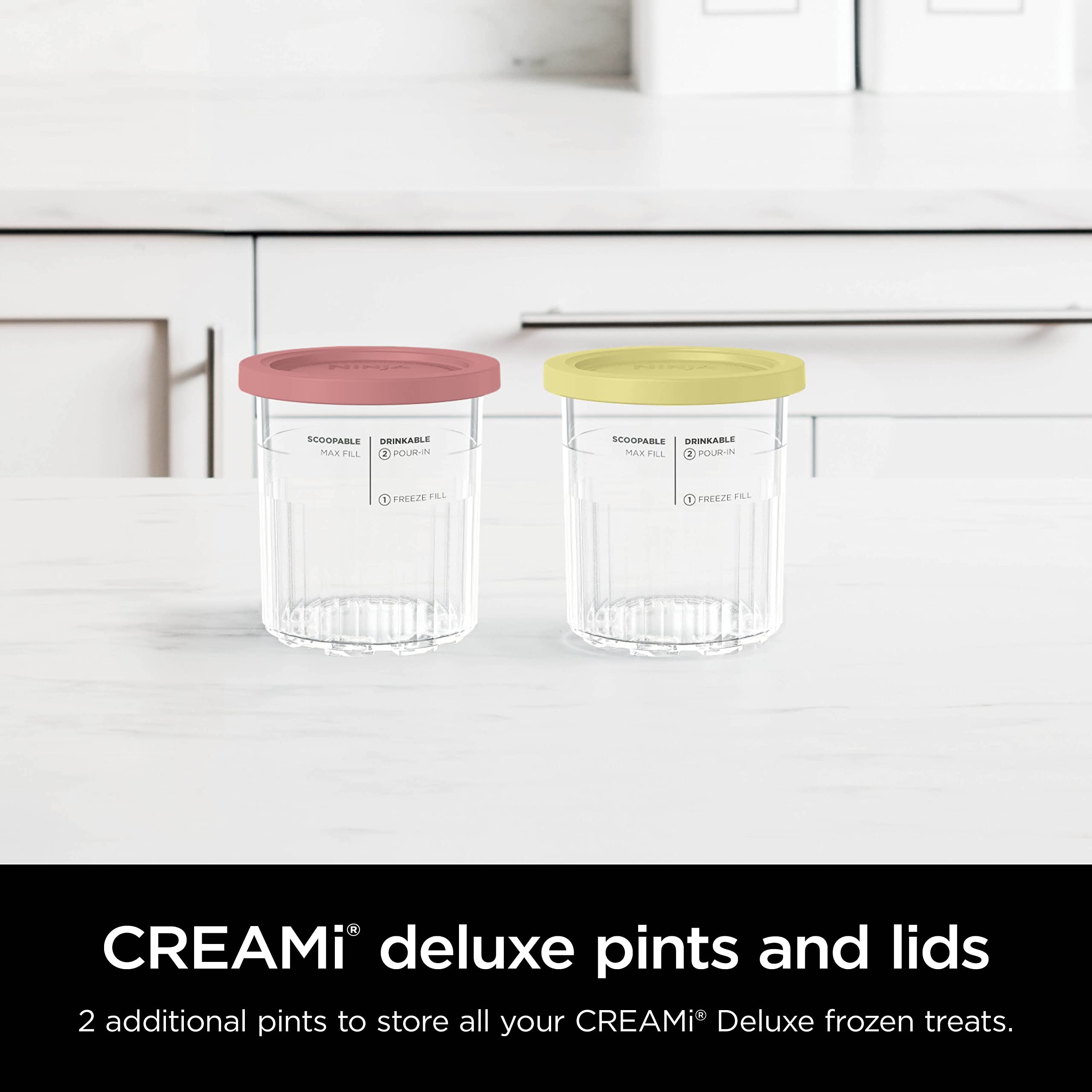 Ninja Creami Deluxe Pints 2 Pack, Compatible with NC500 Series Creami Deluxe Ice Cream Makers, Genuine Ninja Pint, BPA-Free & Dishwasher Safe, Color Lids, 1 Pint Each, Clear/Coral/Yellow, XSKPNTLD2​